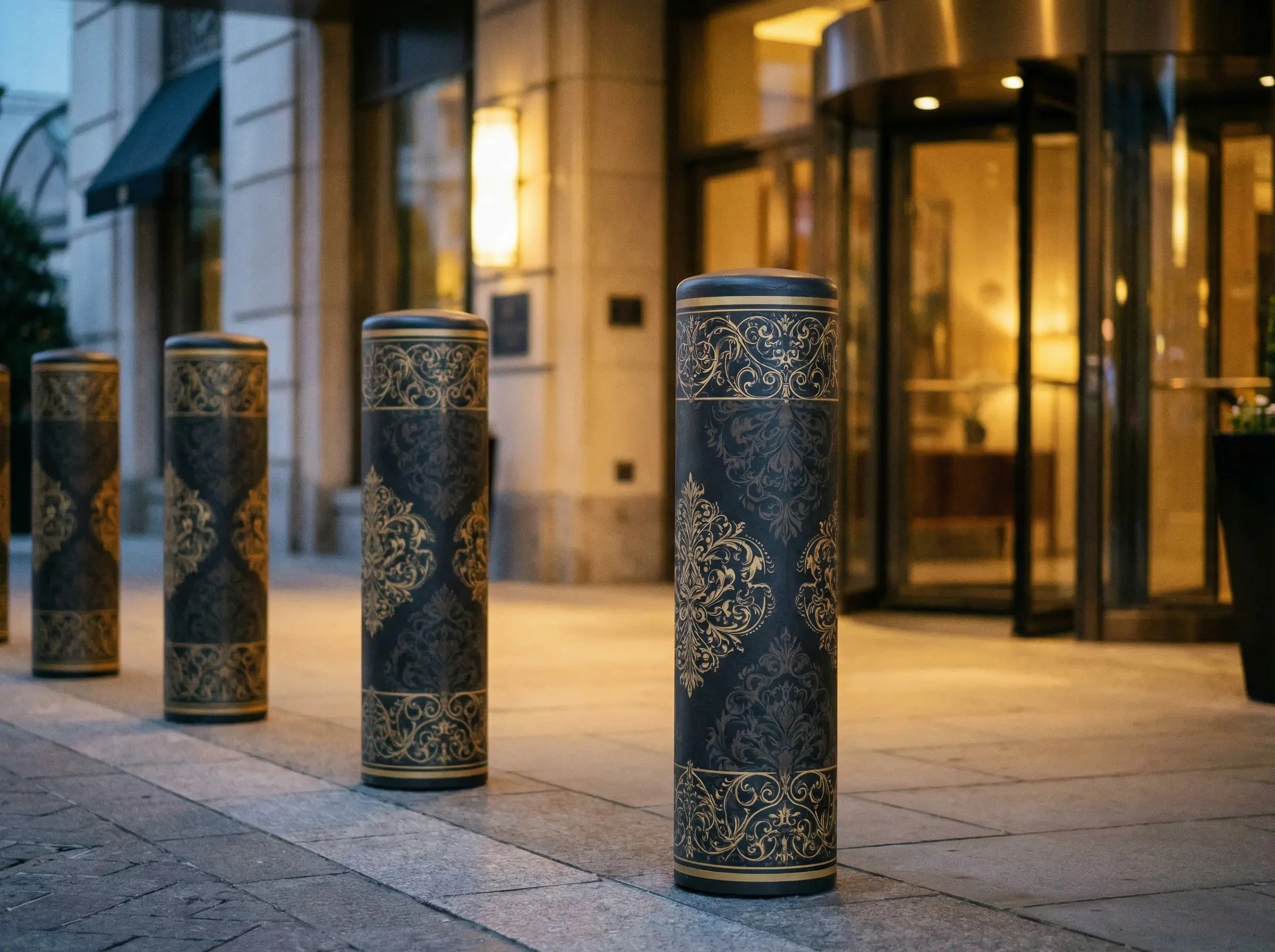 Four decorative black and gold bollards lined up outside a building entrance at dusk.