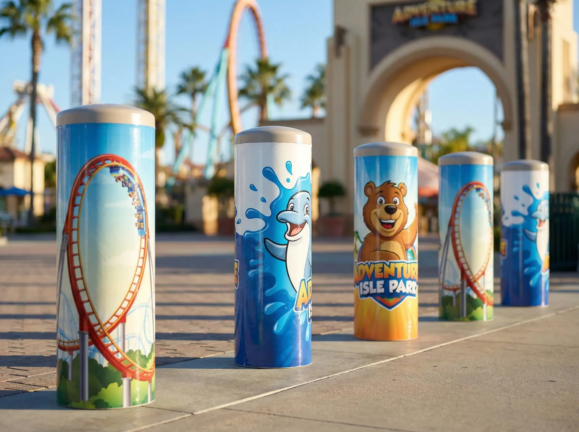 Colorful trash cans with amusement park themed illustrations, featuring a roller coaster, a dolphin, and a bear, arranged outside at Adventure Isle Park.