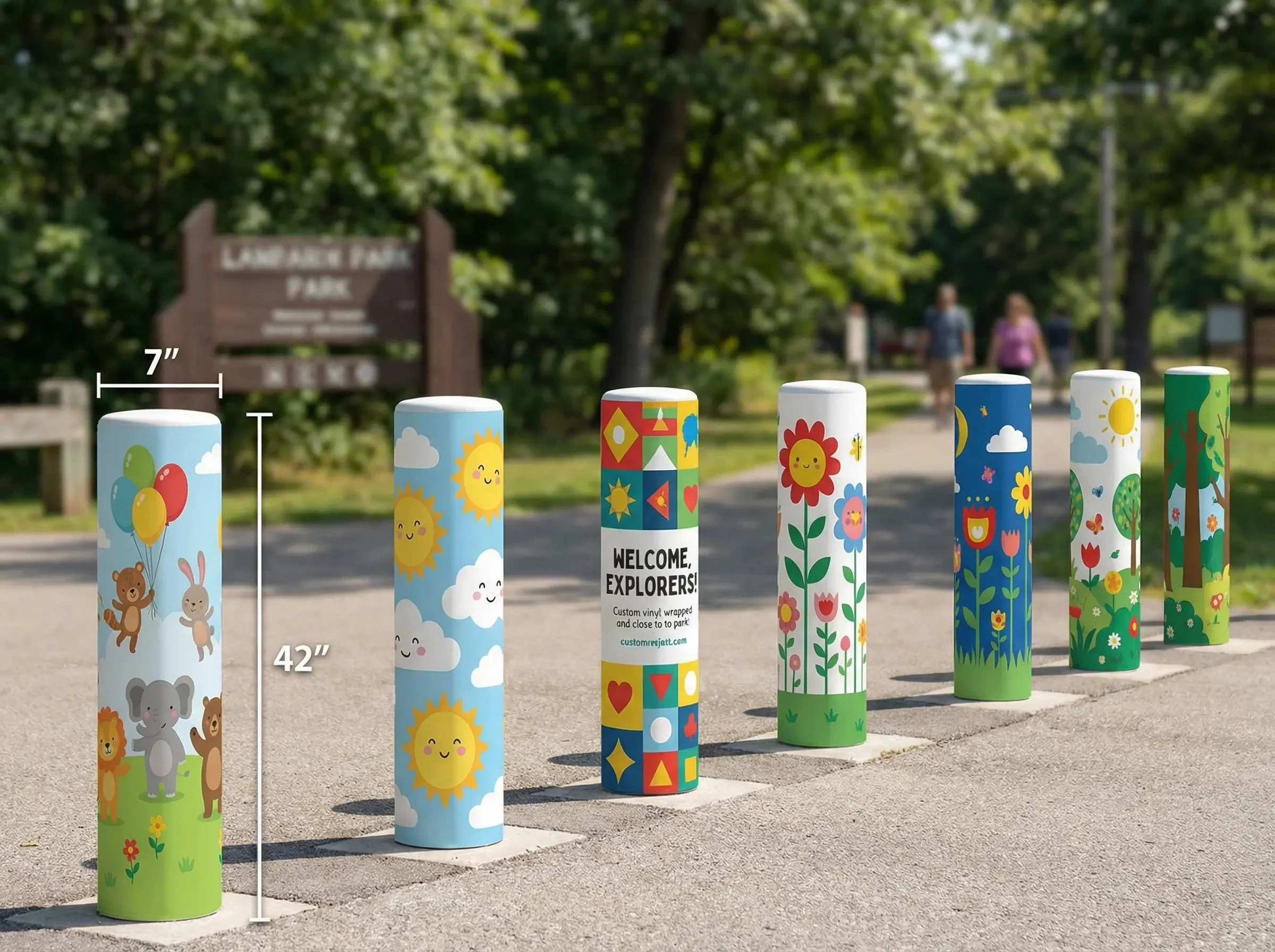 Colorful cylindrical posts with animal and nature designs at a park entrance, with a sign in the background reading 'Lonepine Park' and two people walking on the path.