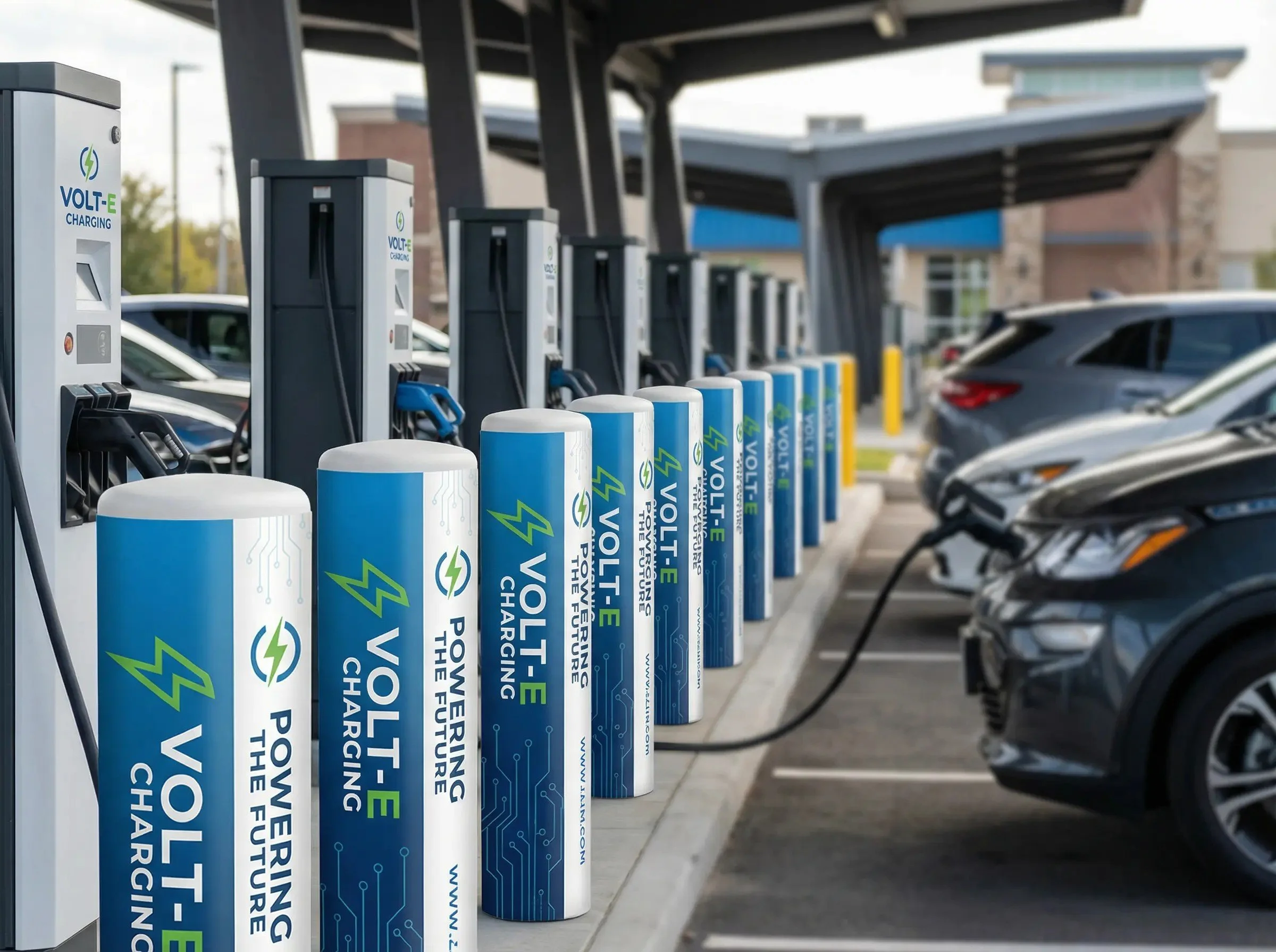 Electric vehicle charging station with multiple chargers and cars plugged in.