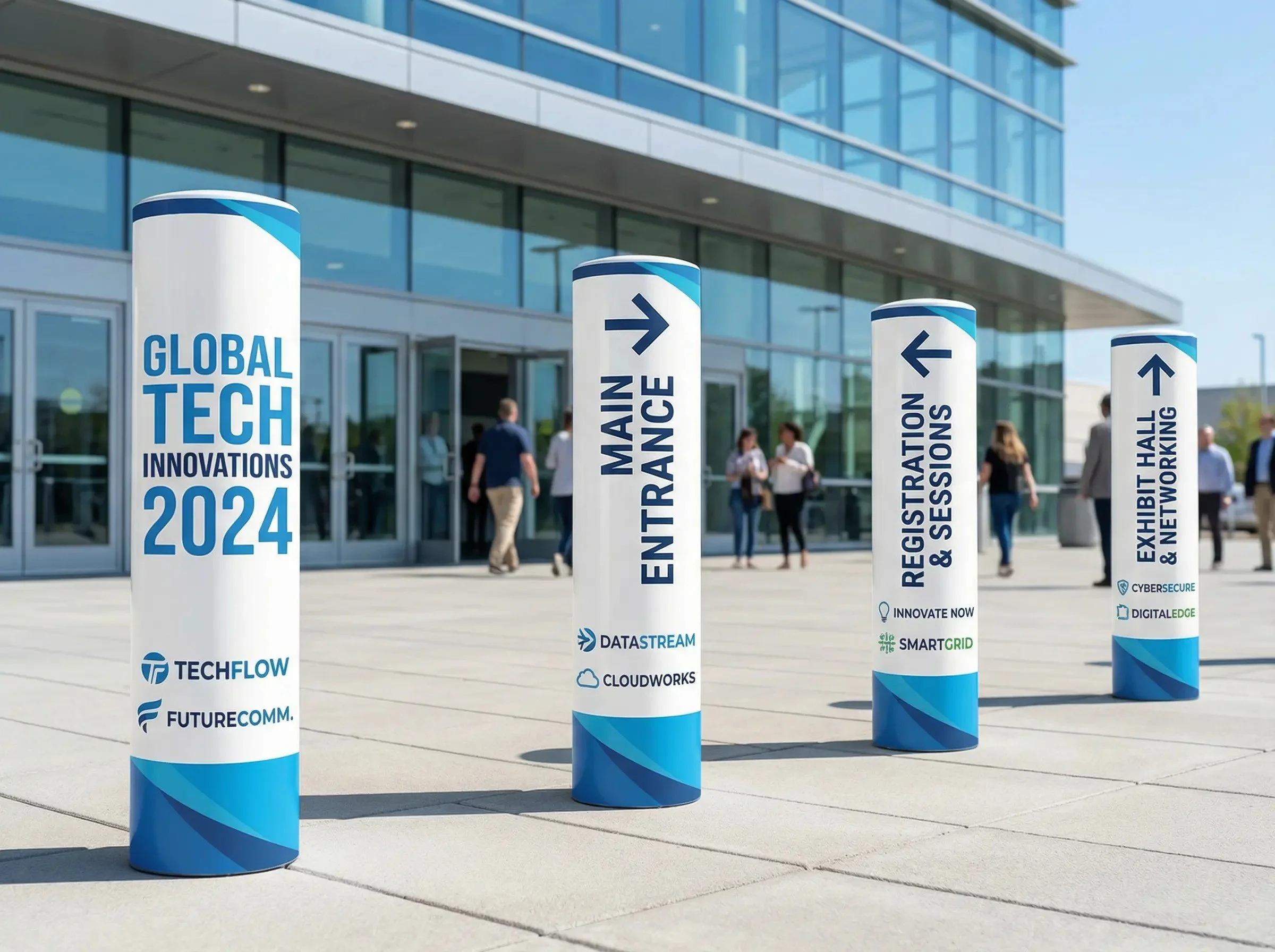 Outdoor registration area with four cylindrical signs for a tech conference called 'Global Tech Innovations 2024'. The signs provide directions for main entrance, registration & sessions, and exhibit hall & networking, with logos and additional info 