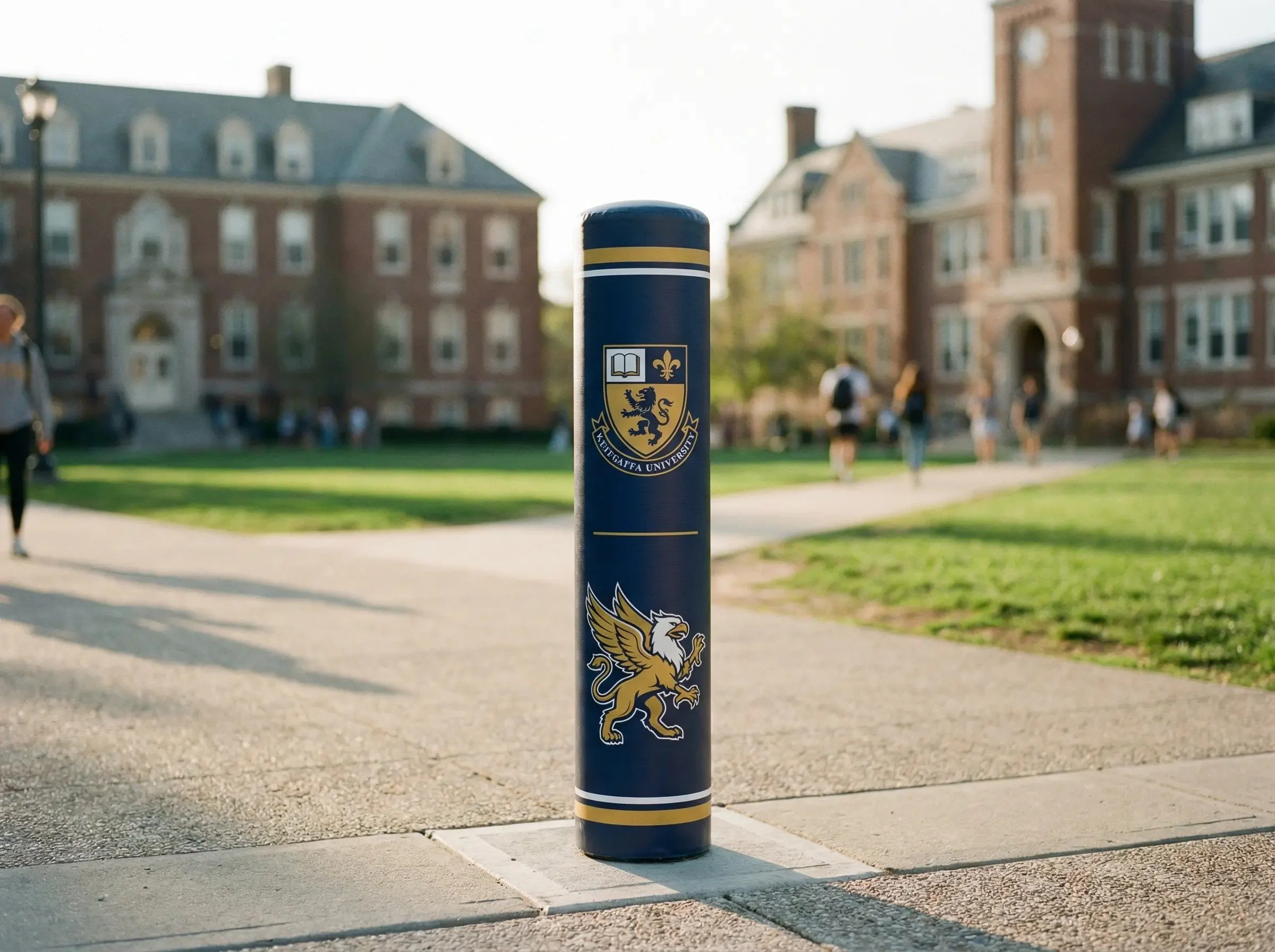 A blue university pillar with the seal and lion emblem of Kutztown University, set on a campus walkway with students and a red-brick building in the background.