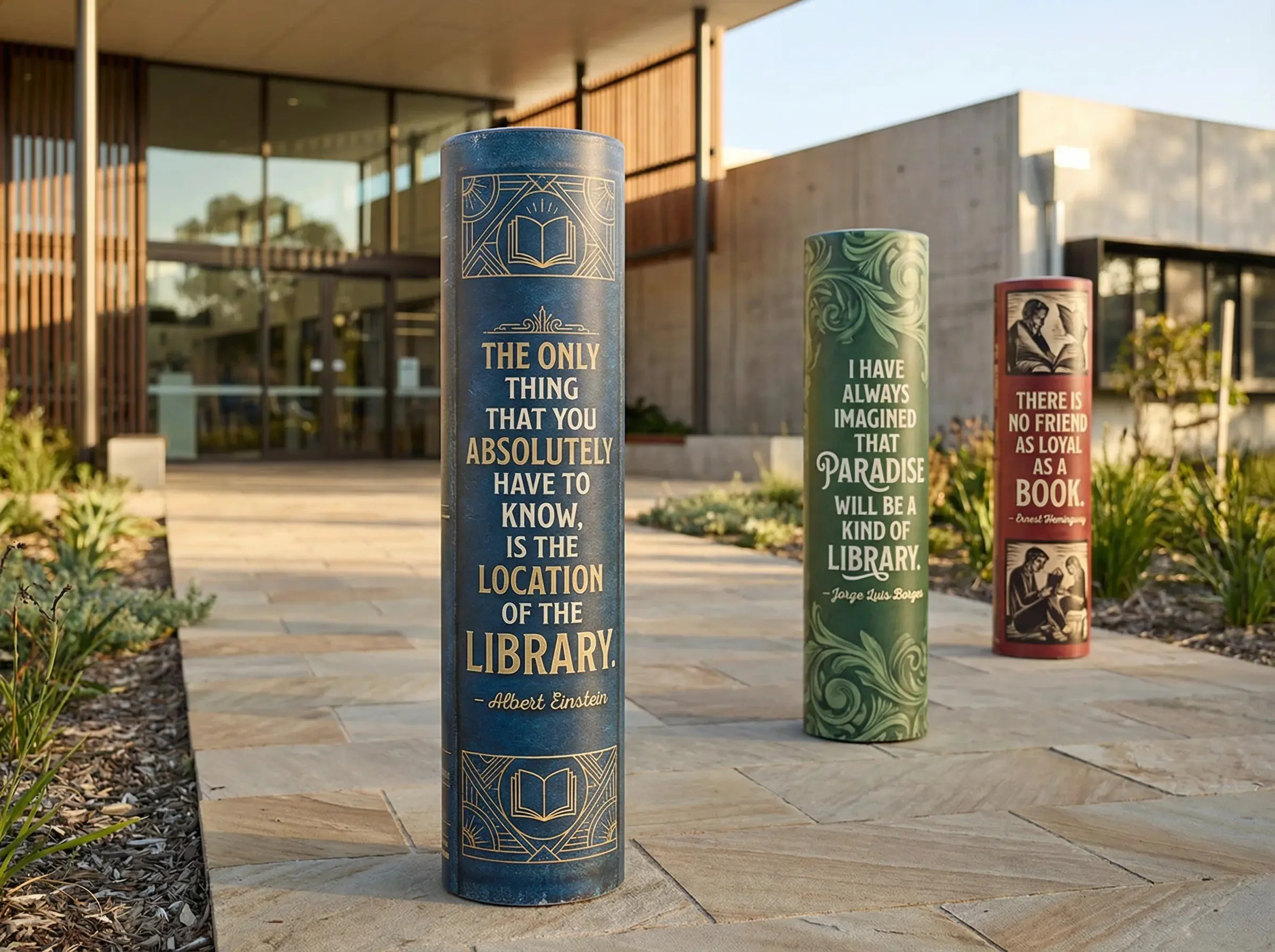 Three cylindrical decorative objects with quotes about books and libraries in front of a modern building with glass and wood features. The objects are placed on a tiled outdoor walkway surrounded by plants.