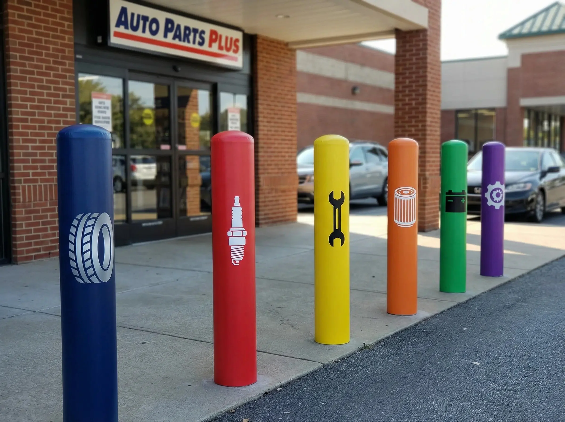 Colorful parking lot bollards with icons representing tire, spark plug, wrench, oil filter, battery, and gear in front of an auto parts store.