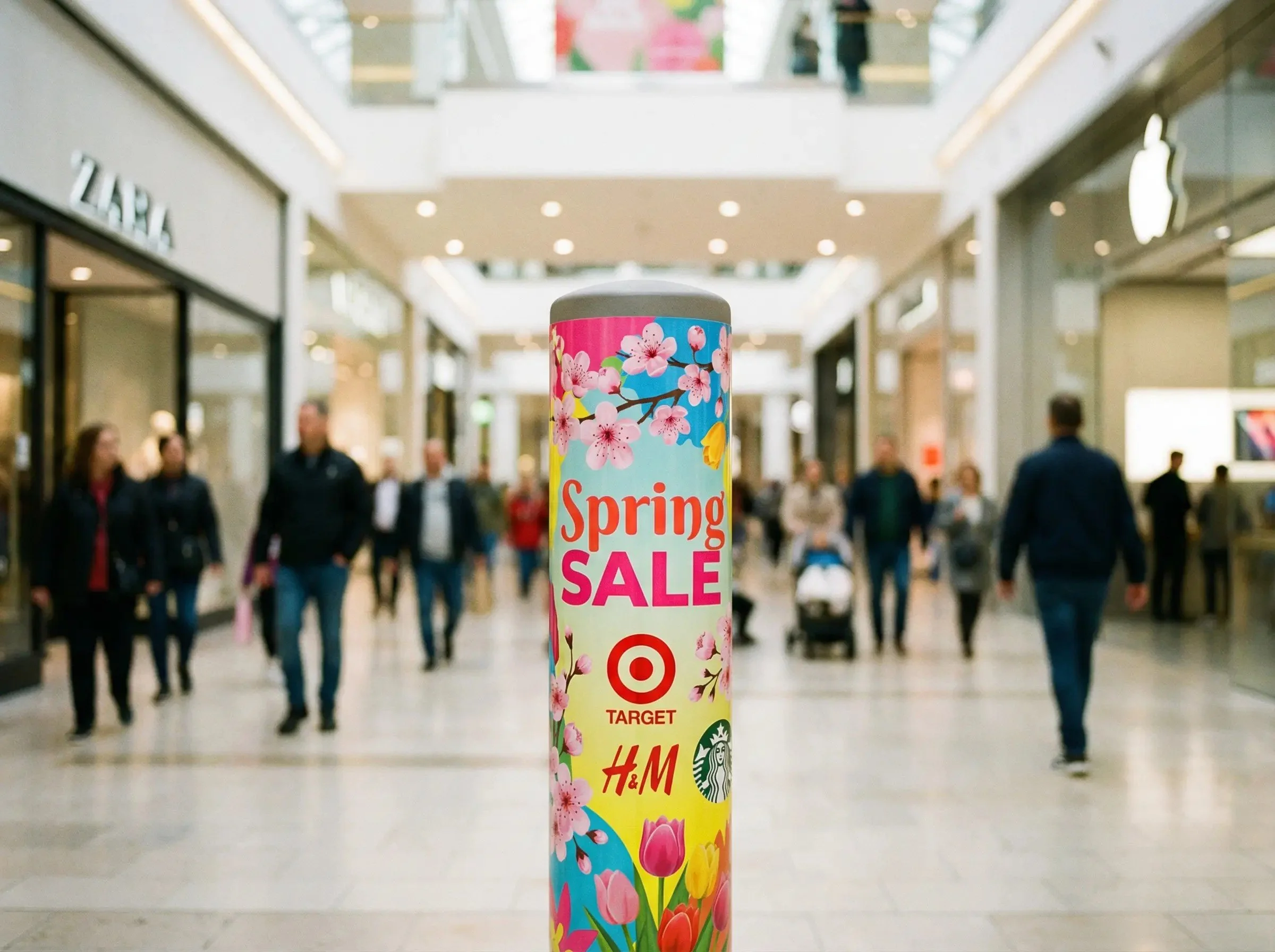 A cylindrical sign in a shopping mall promoting a spring sale at Target, H&M, and Starbucks, decorated with pink cherry blossoms and tulips, with shoppers walking in the background.