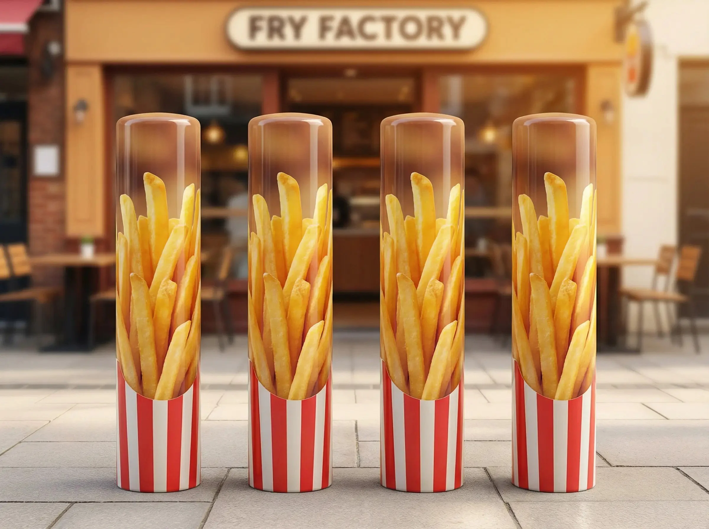 Four tall transparent containers decorated with red and white striped patterns, filled with French fries, placed outside a fry shop named 'Fry Factory'.