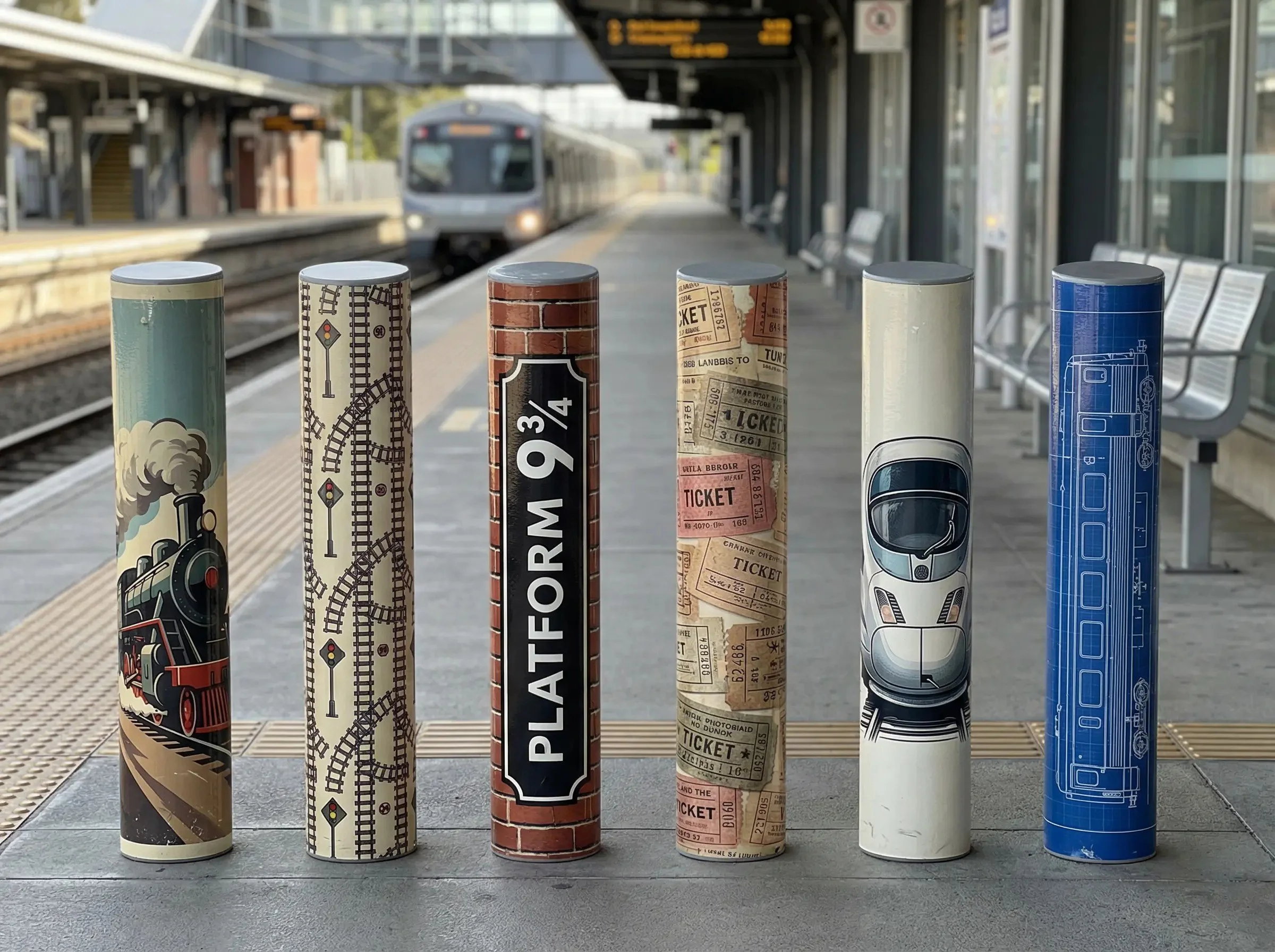 Six colorful cylindrical tubes with train-themed designs on a train platform, with a train approaching in the background.