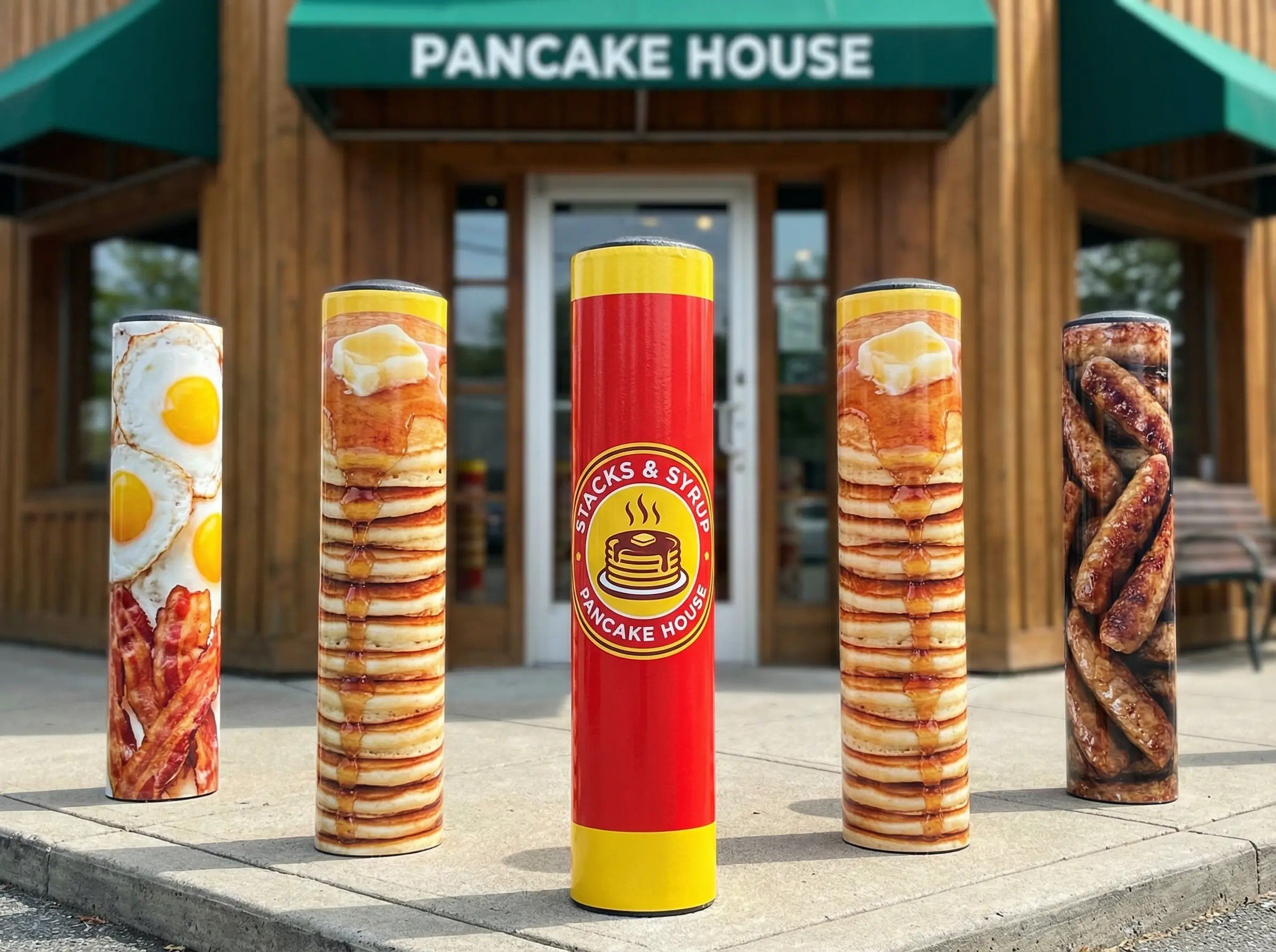 Five large pillars with food images, standing outside a pancake house. The middle pillar has a red and yellow design with a pancake logo and the text 'Stacks & Syrup Pancake House.' The other pillars display images of sunny side up eggs with bacon, p