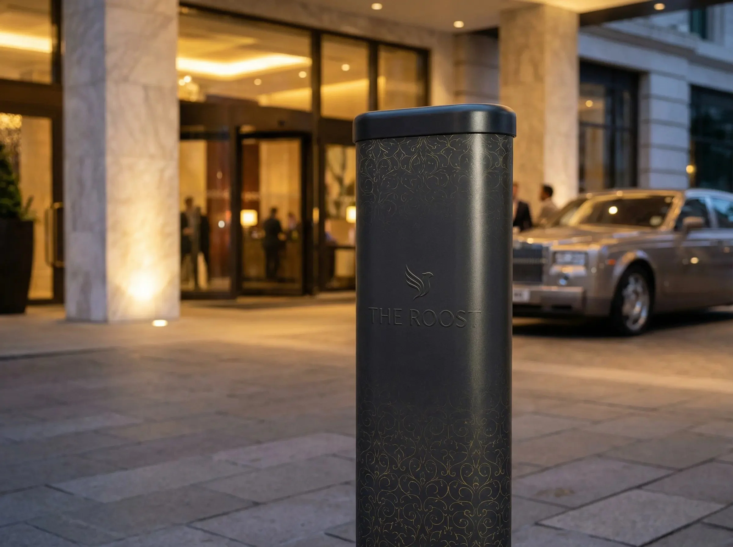 A black cylindrical trash can with the words 'The Roost' and a logo of a swan, placed outside a hotel or upscale building at dusk. The background shows a luxury car and a lobby entrance with people inside.