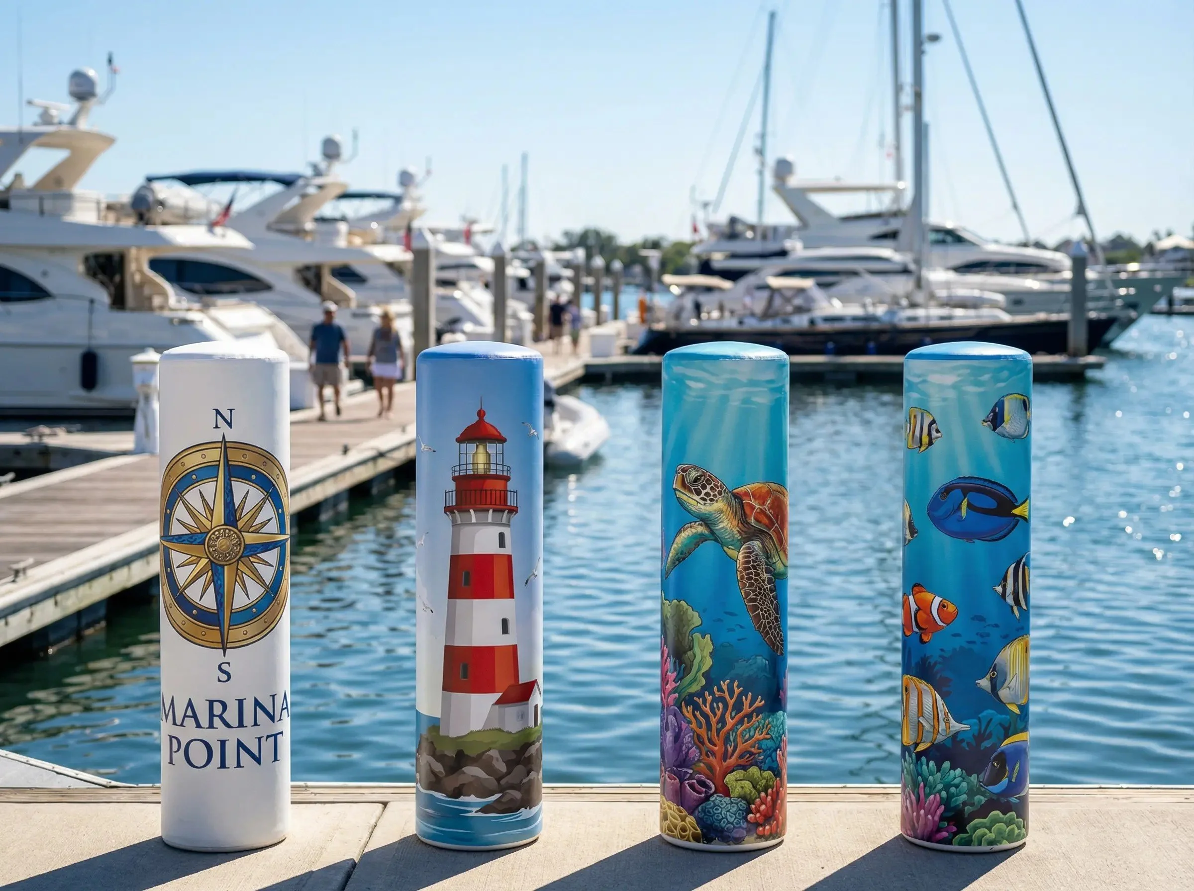 Four decorated cylindrical sculptures on a dock, each featuring marine-themed artwork including a compass, lighthouse, sea turtle, and tropical fish, with boats and yachts in the background at a marina.