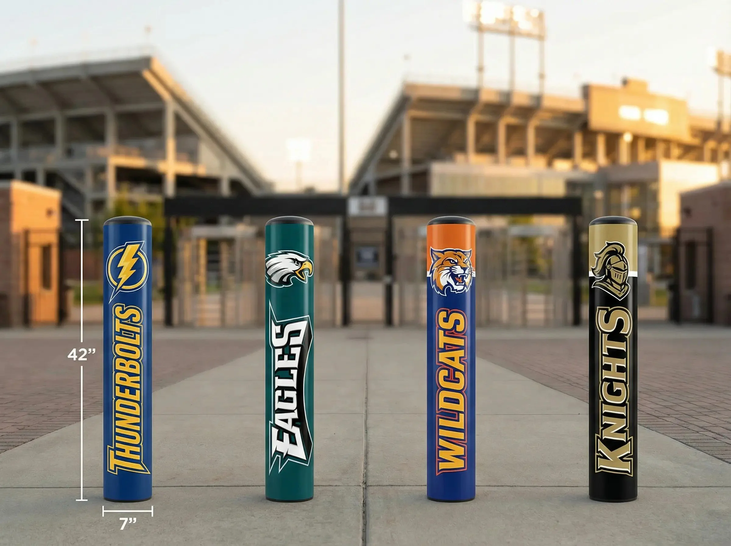 Four stadium entrance bollards, each 42 inches tall and 7 inches wide, with team logos and names: Thunderbolts, Eagles, Wildcats, Knights, standing on pavement outside a stadium.