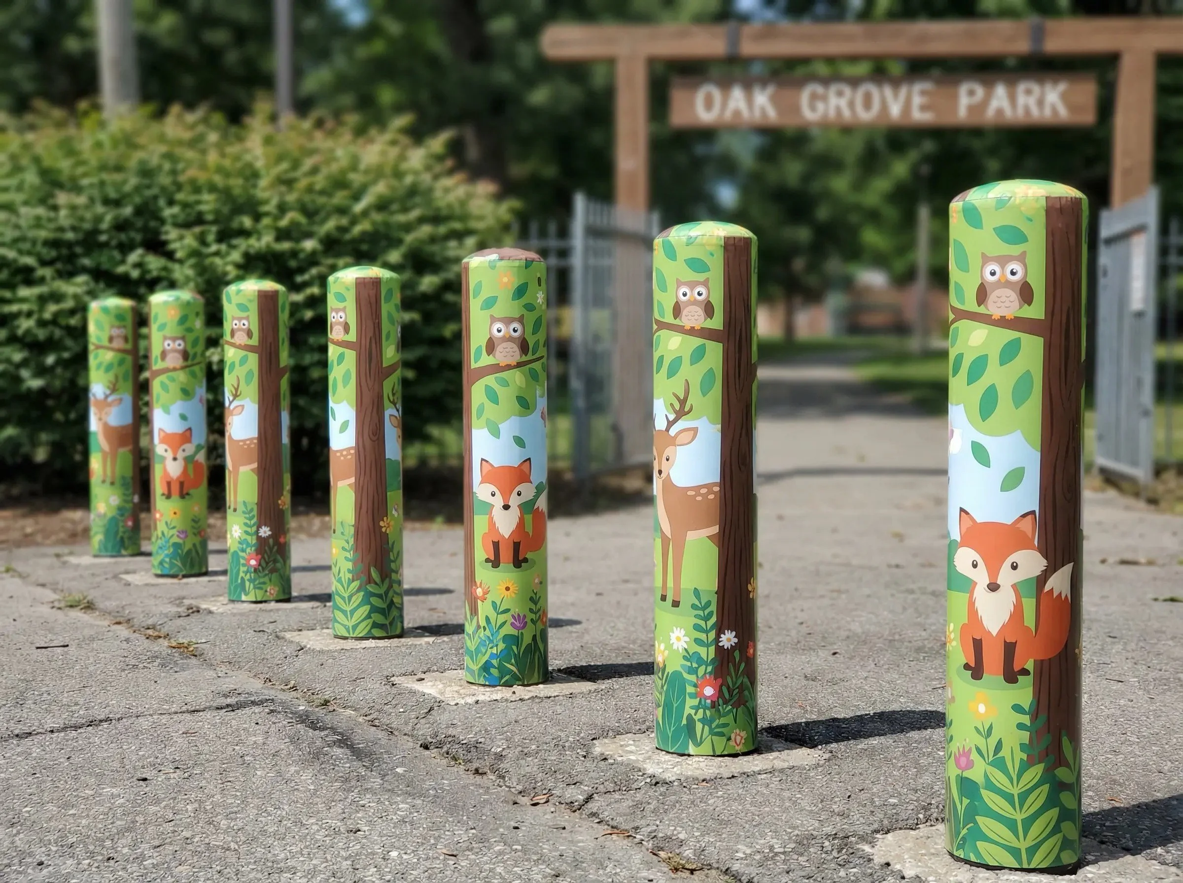 Colorful park entrance with posts decorated with woodland animal illustrations, including an owl, deer, fox, and squirrel at Oak Grove Park.