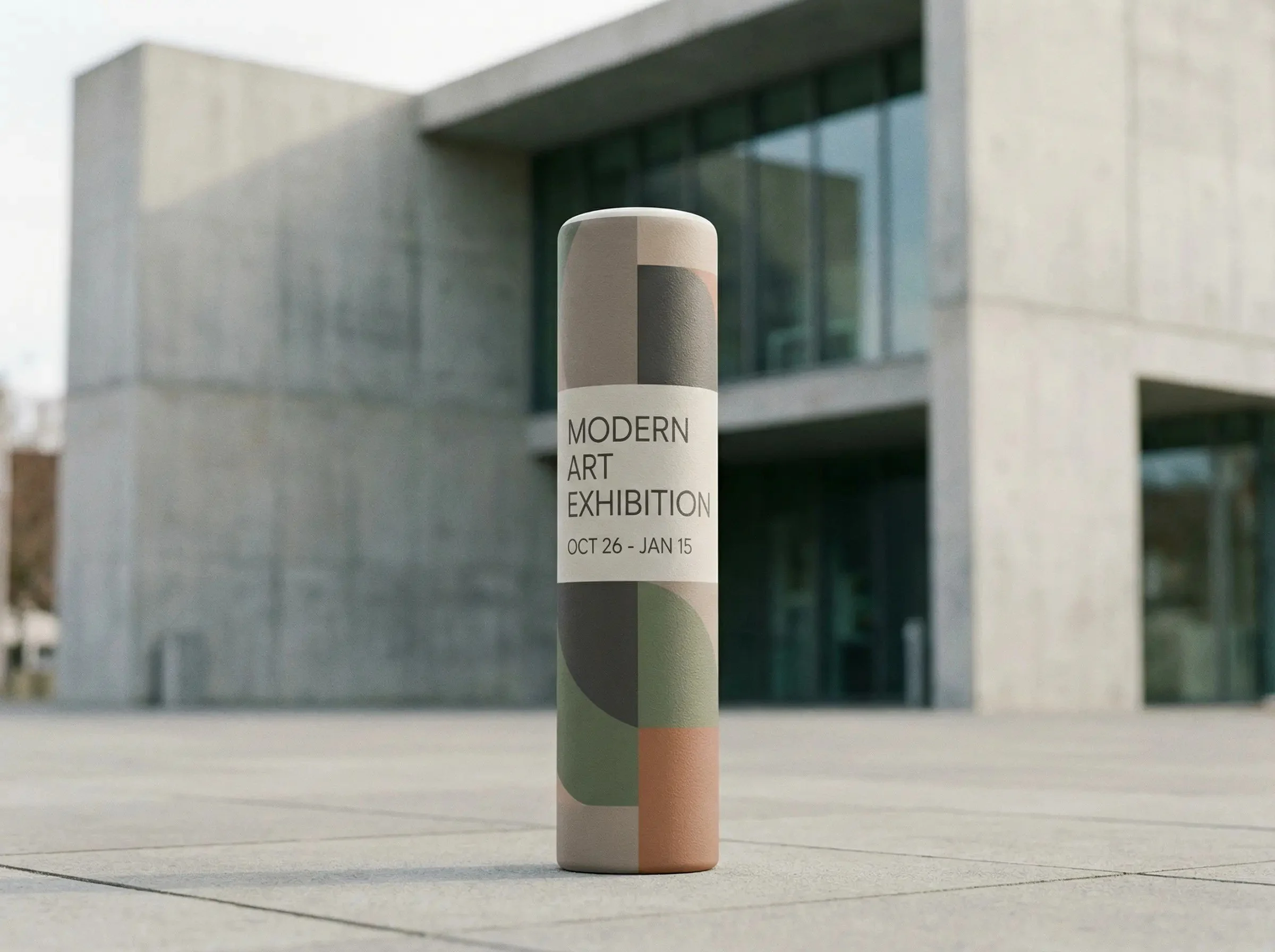A cylindrical poster tube with geometric colored patterns and a label for a modern art exhibition at an outdoor plaza in front of a concrete building.