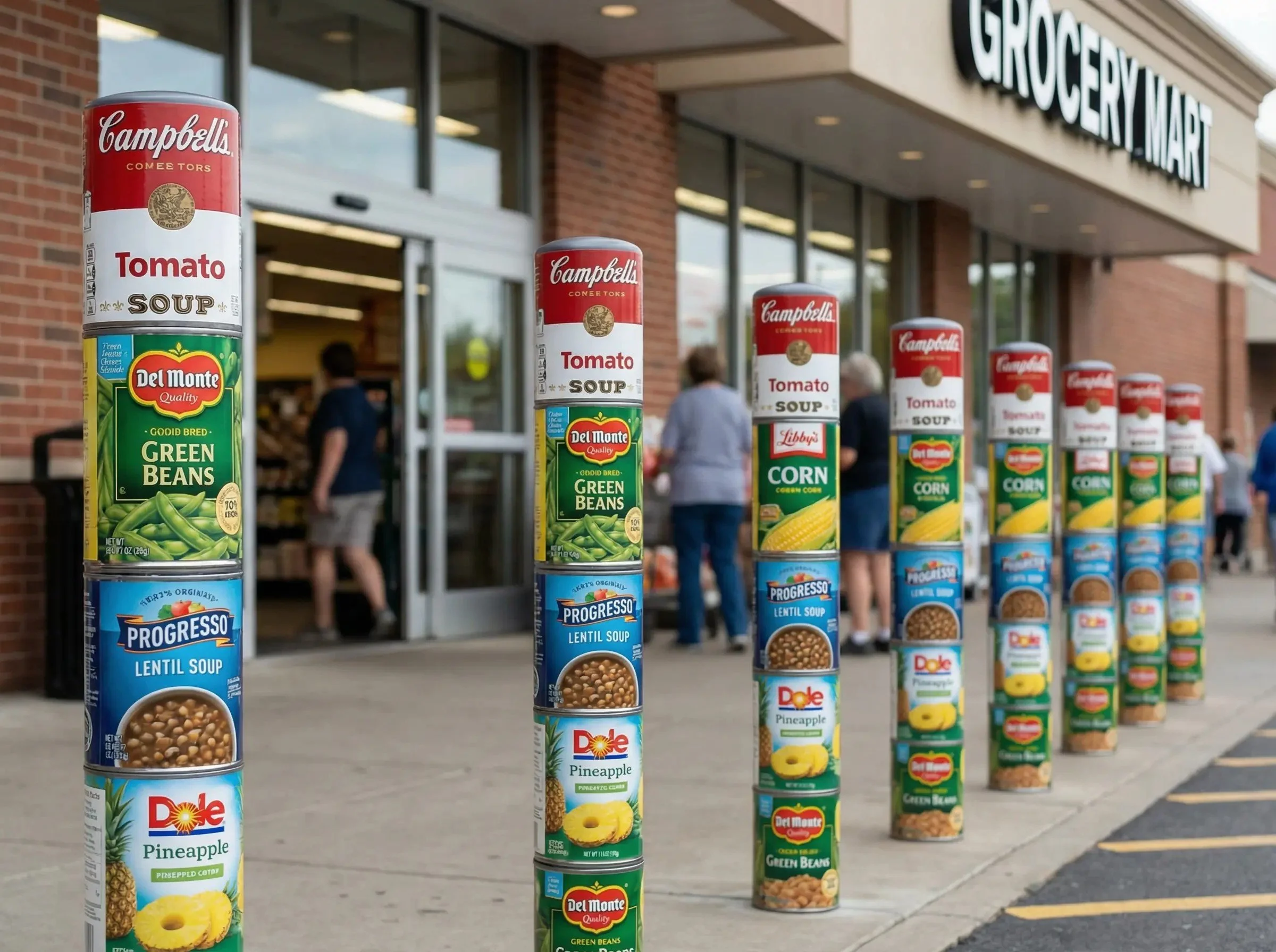 Stacks of canned food items outside a grocery store, including Campbell's tomato soup, Del Monte green beans, Progresso lentil soup, Dole pineapple, and Libby's corn, arranged in front of the store entrance.