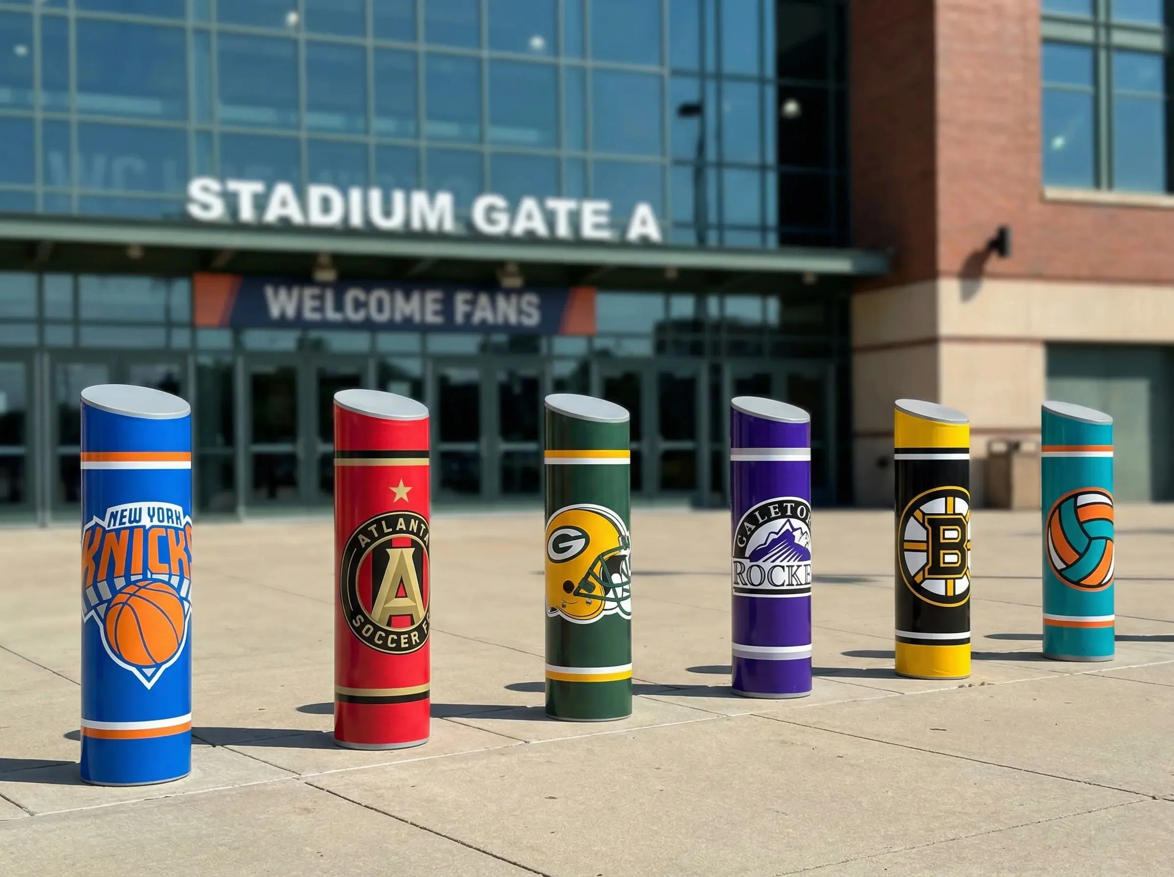 Six colorful football-themed inflatable cones outside a stadium, representing different NFL teams: New York Knicks, Atlanta Soccer, Green Bay Packers, Colorado Rockies, Boston Bruins, and New York Volleyball, in front of a building with a sign readin