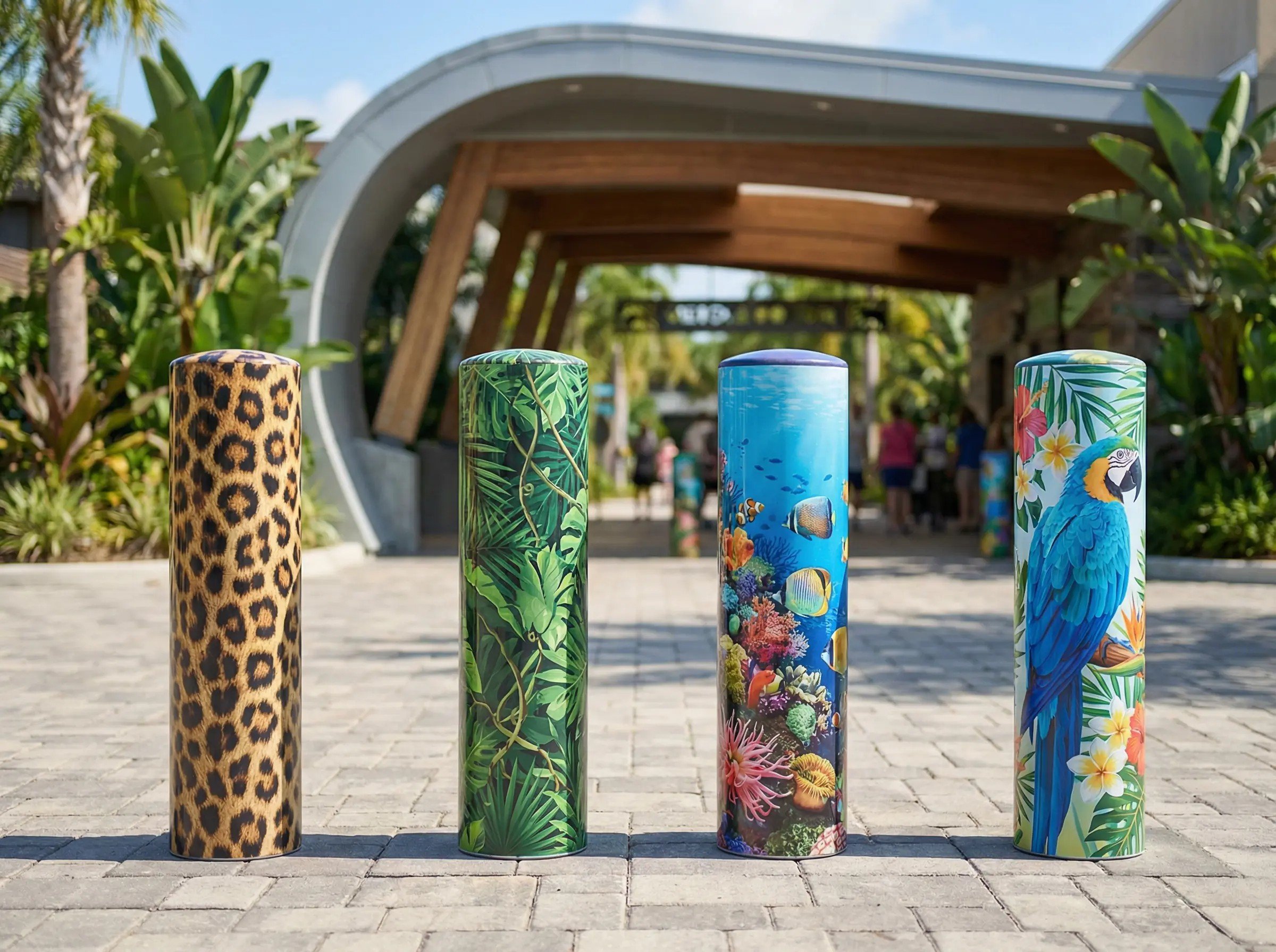 Four colorful cylindrical posts with vibrant animal and nature designs, including a leopard print, tropical leaves, an undersea scene, and a parrot, standing on a paved walkway at an outdoor location with plants and a wooden canopy in the background.