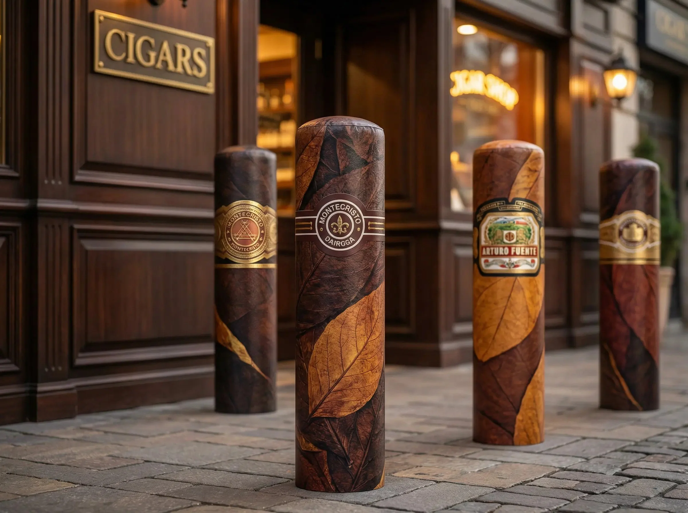 Various cigar boxes with leaf and wood designs standing outside a cigar shop.