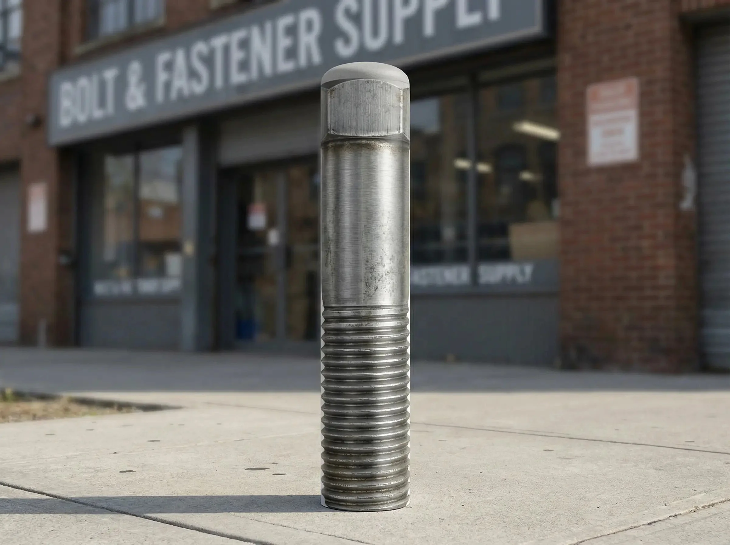 Close-up of a metal bolt standing upright on a concrete sidewalk in front of a building with a sign that reads 'BOLT & FASTENER SUPPLY'.