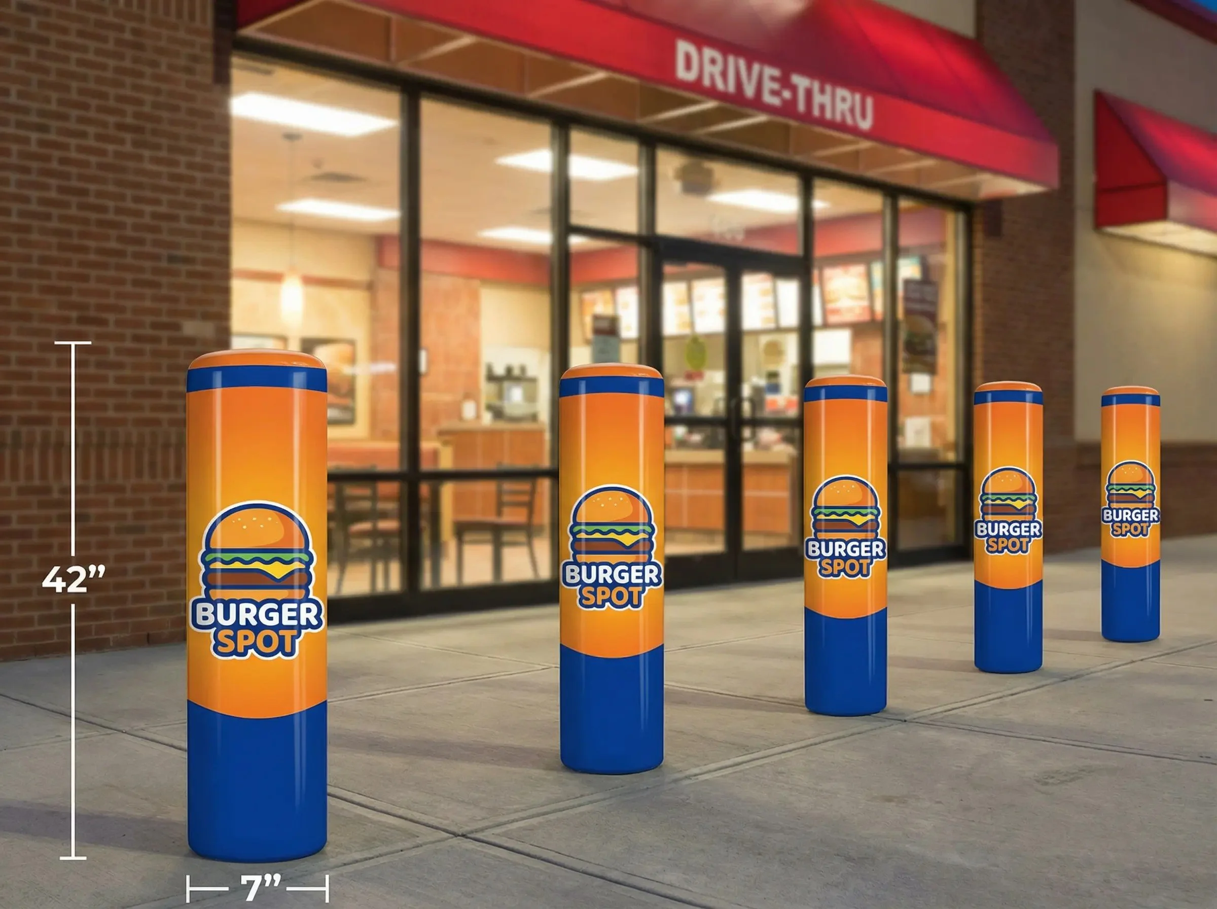 Five orange and blue parking bollards with 'Burger Spot' logo in front of a fast food restaurant with a drive-thru sign at night.