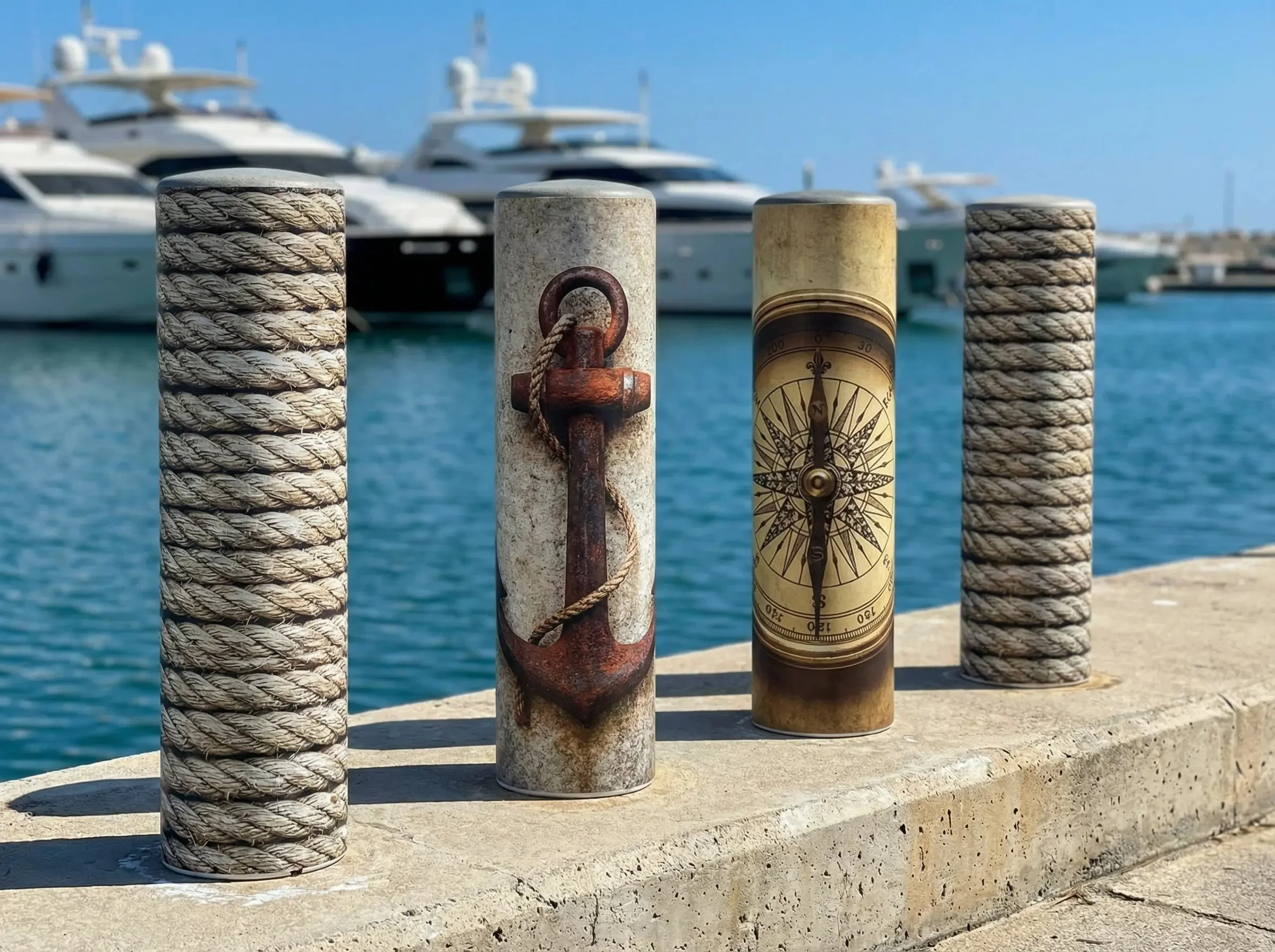 Four cylindrical posts on a concrete dock with boats and water in the background. The posts include two with rope wrapped around them, one with an anchor emblem, and one with a compass design.