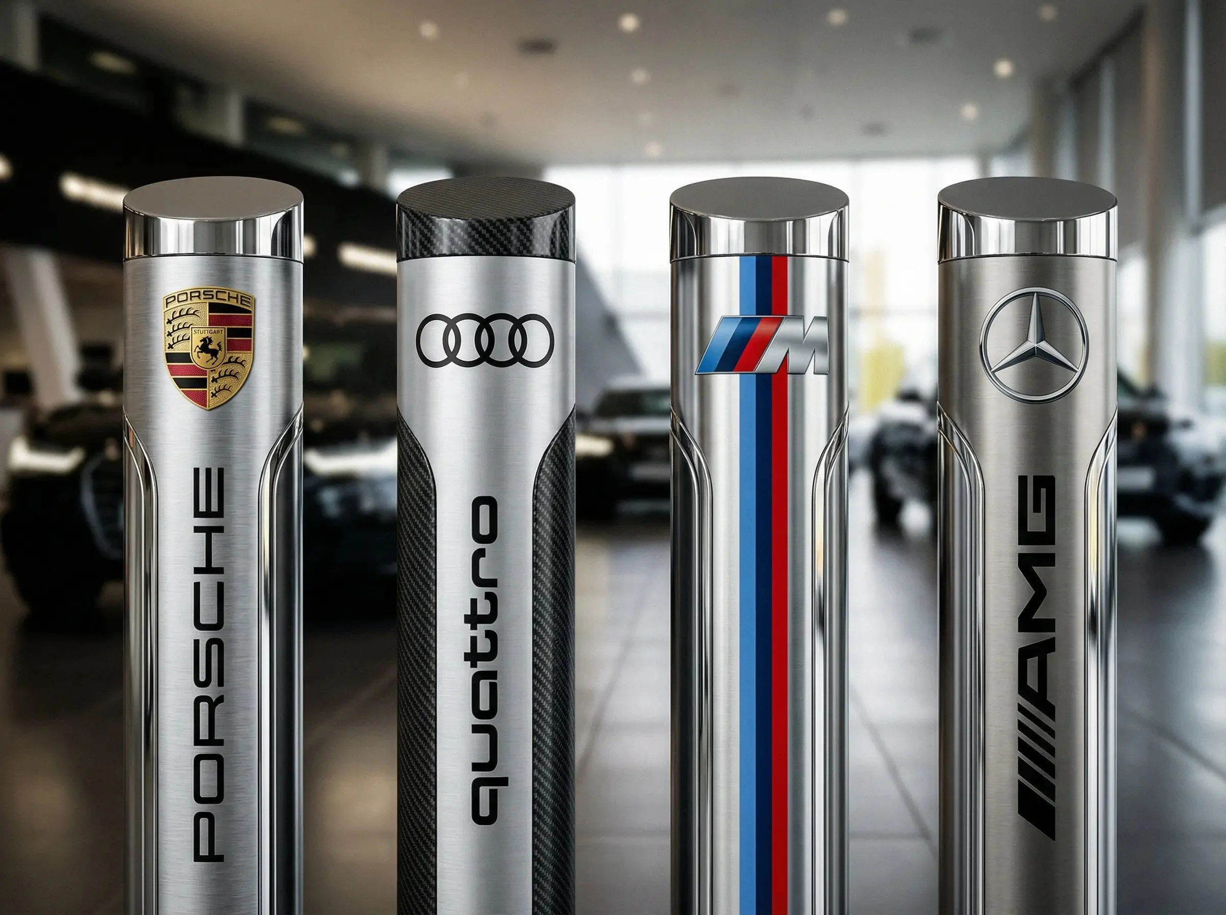 Four metal car brand pillars with logos of Porsche, Audi, BMW M, and Mercedes-Benz, inside a car showroom.