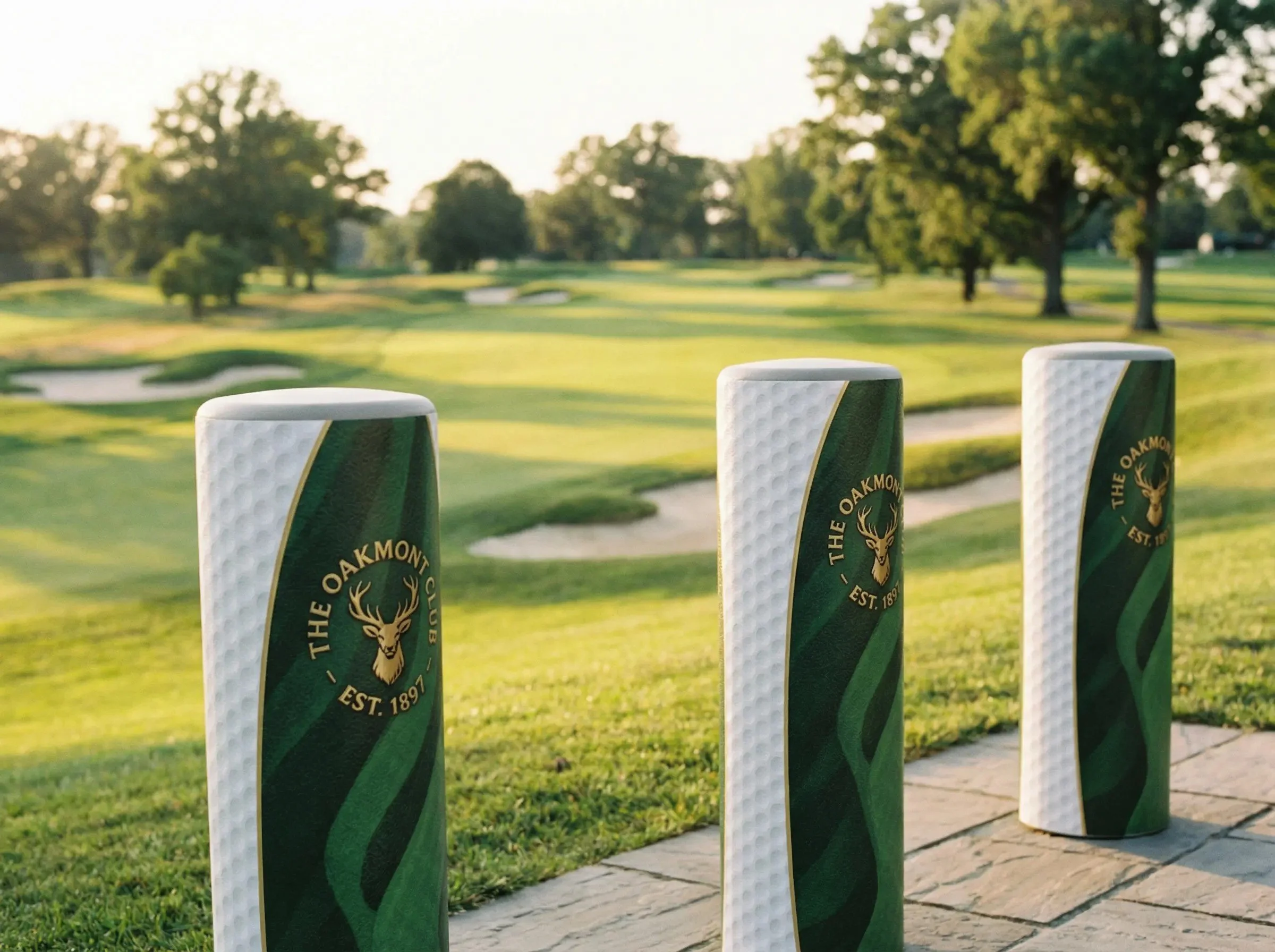 Three decorative posts with the Oakmont Country Club logo on a golf course during sunset.