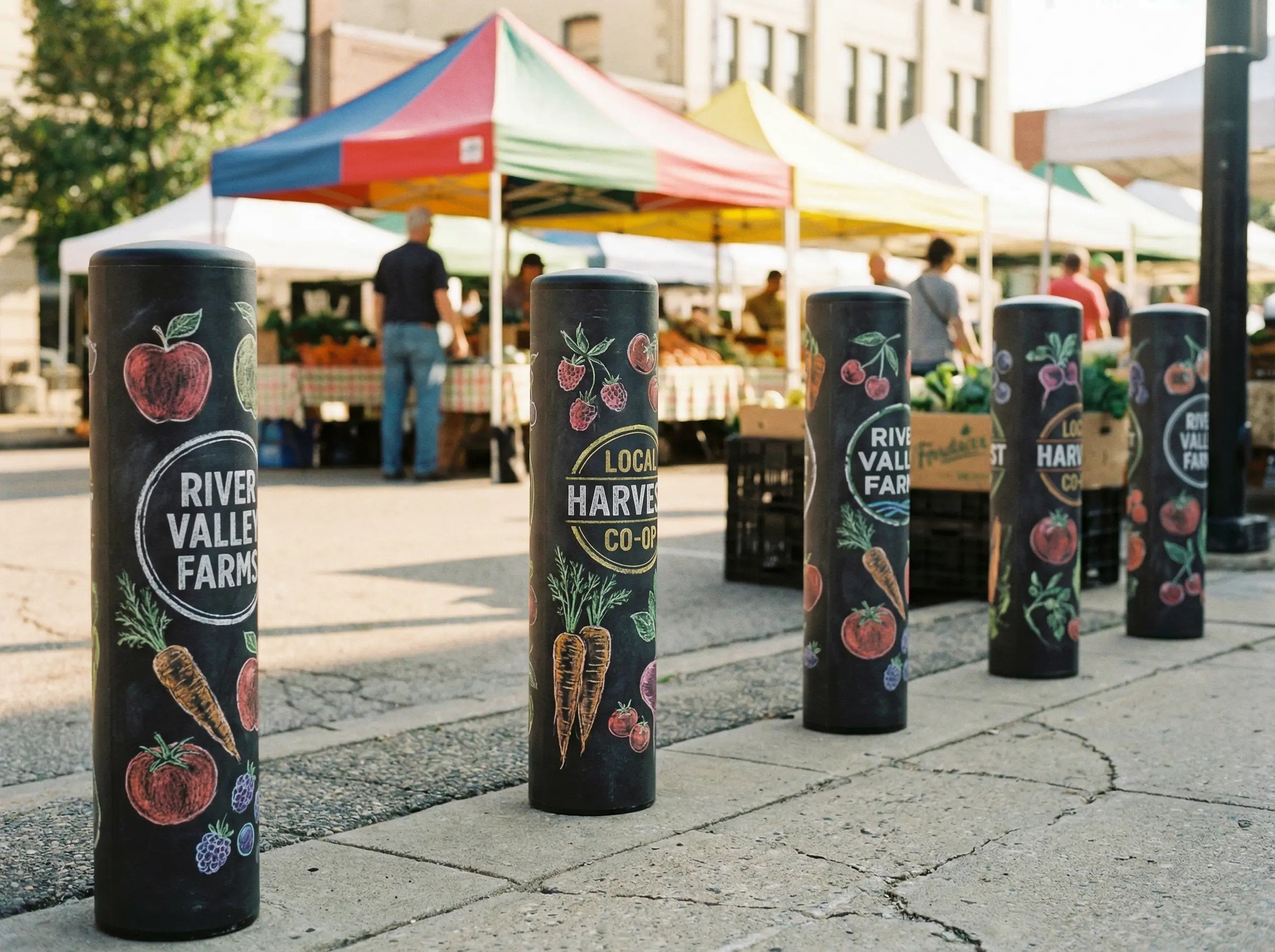 Black bollards with colorful vegetable and fruit illustrations in front of a farmers market with tents and shoppers in the background.
