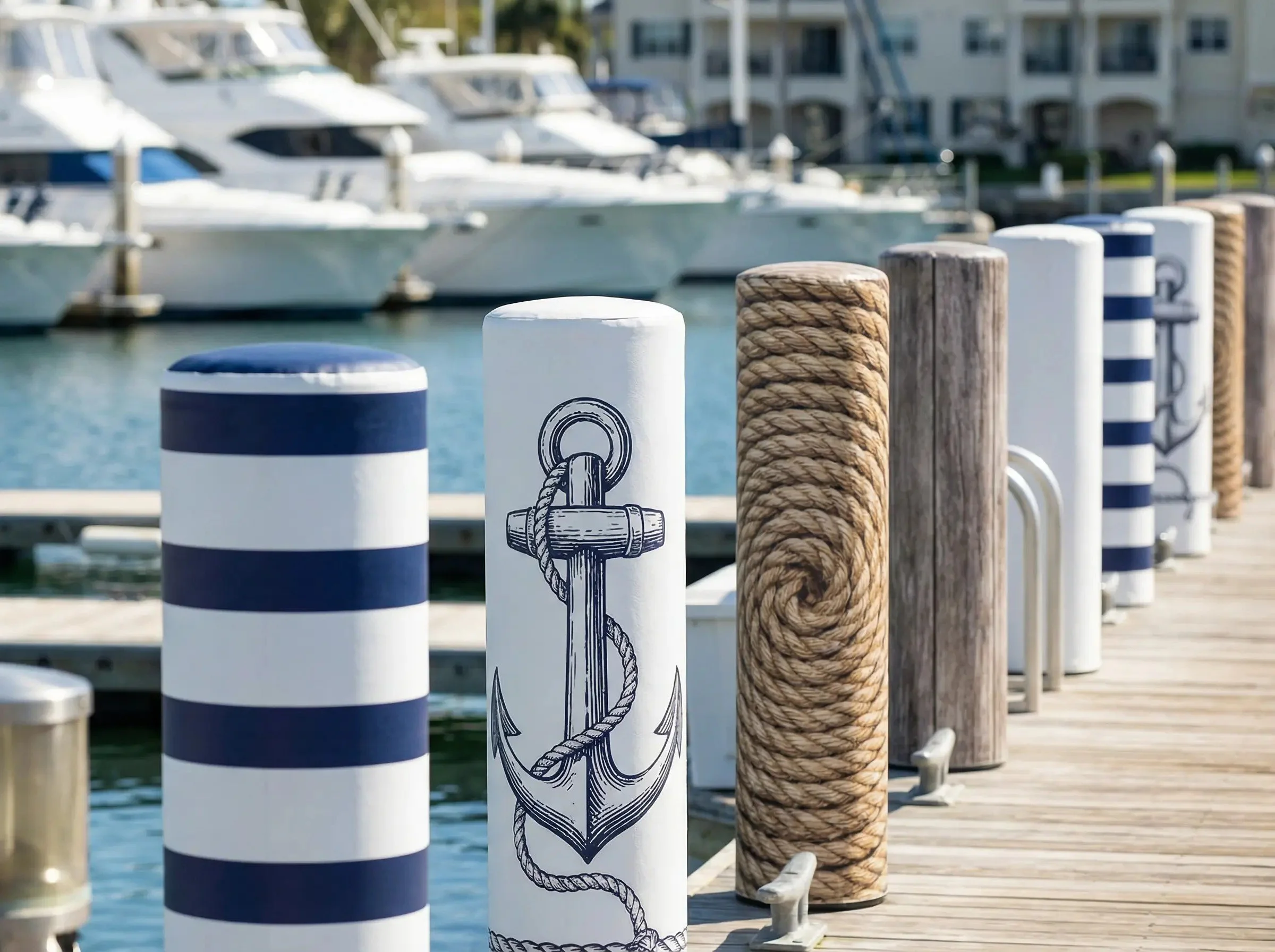 Dock with striped and nautical-themed bollards, moored boats in the background, and a wooden pier