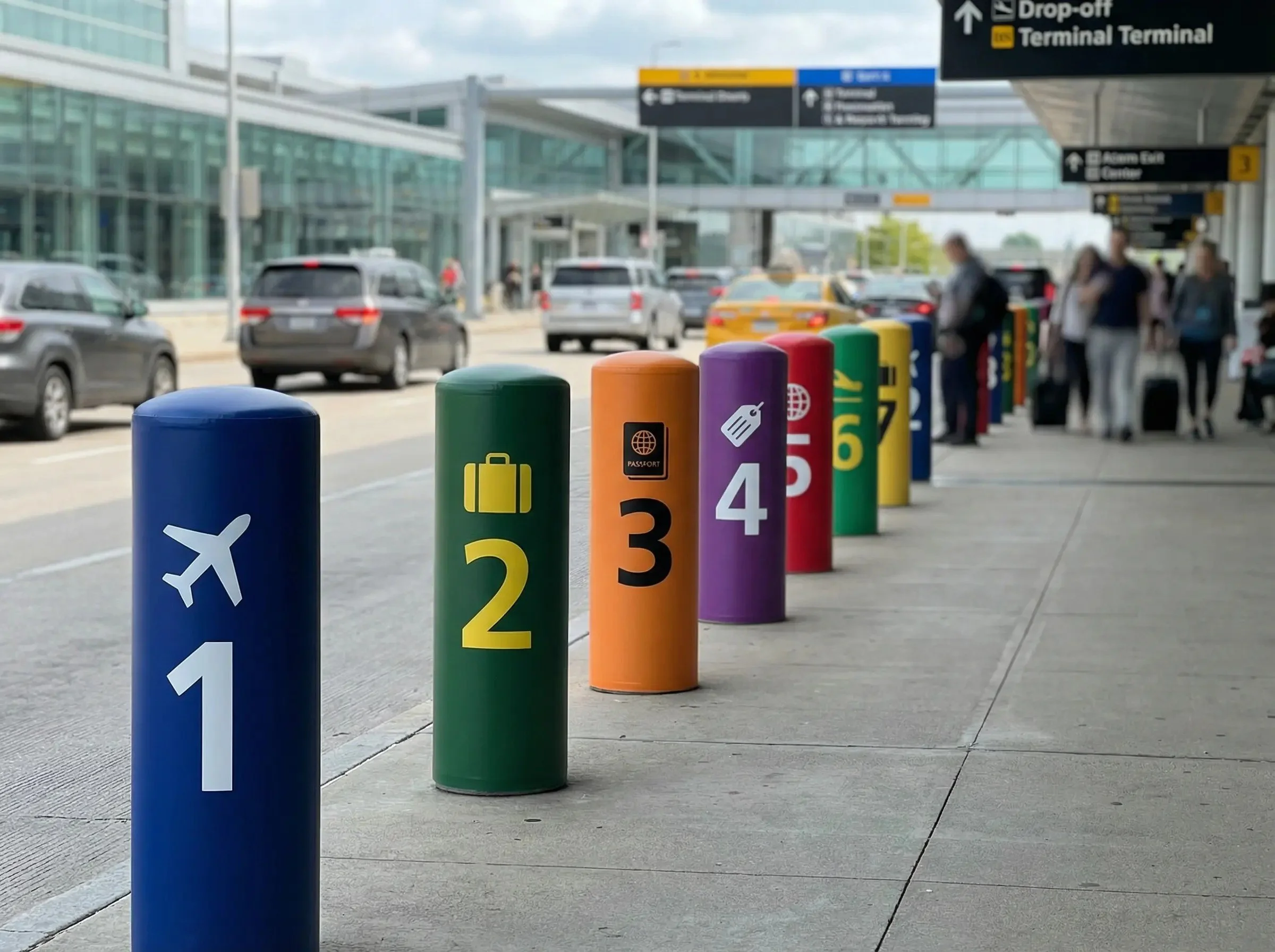 Colorful baggage claim turnstiles at airport curbside with vehicles and travelers in the background.