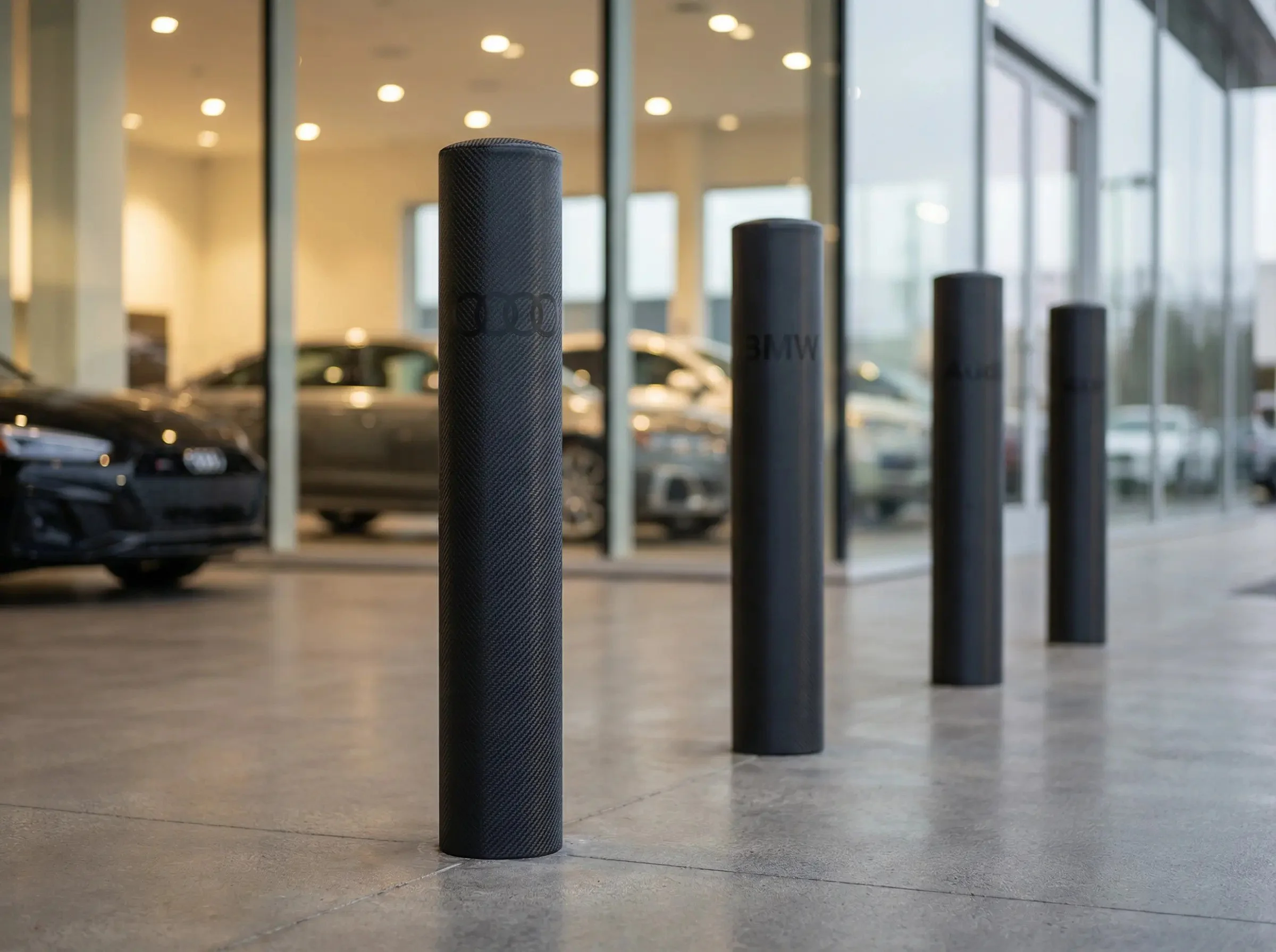 Black car dealership with four black protective parking bollards outside the large glass-front showroom.