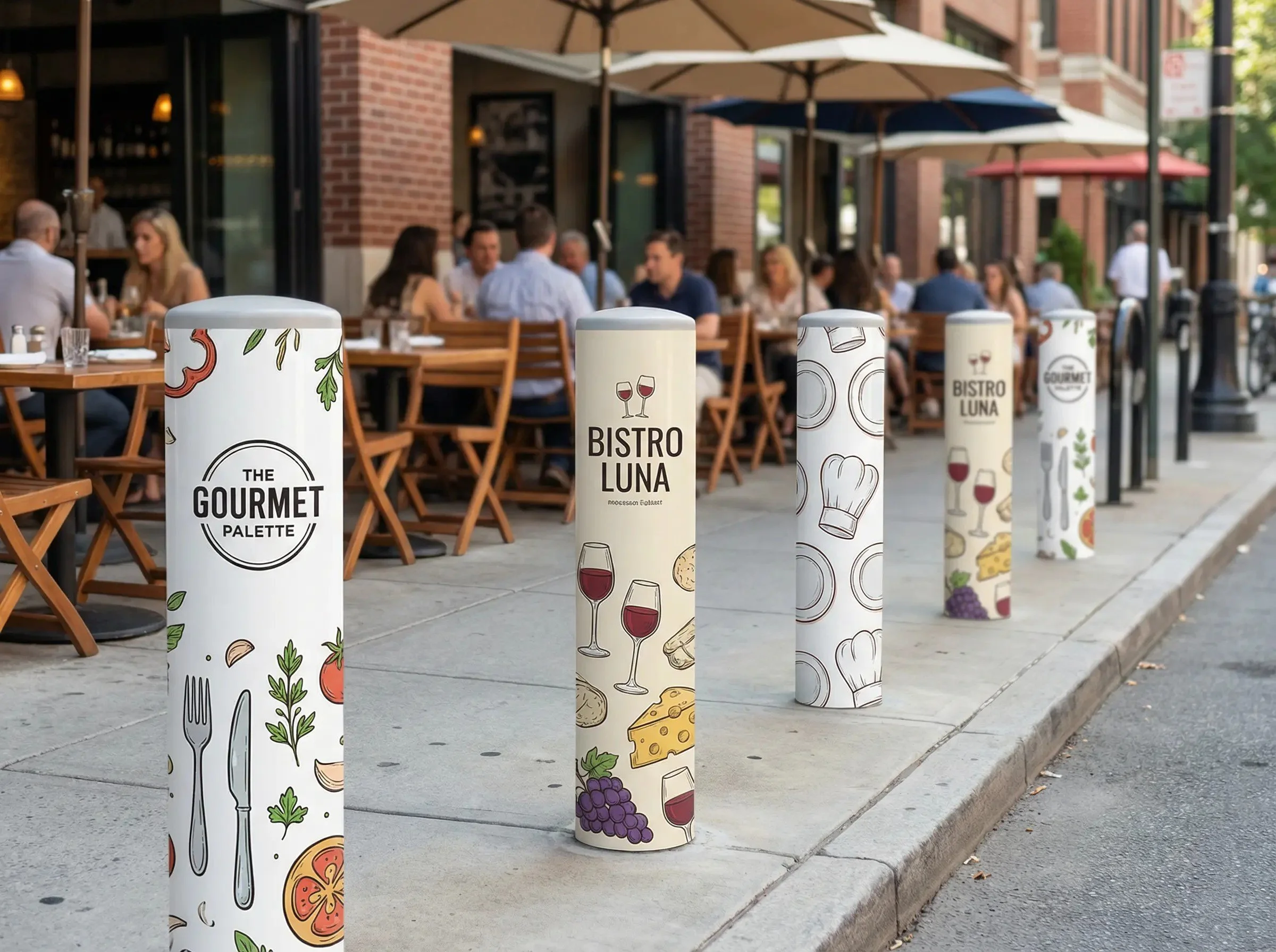 Outdoor restaurant patio with several tables and chairs filled with people dining, set along a city sidewalk with decorative cylindrical bollards featuring food and drink graphics and restaurant branding.