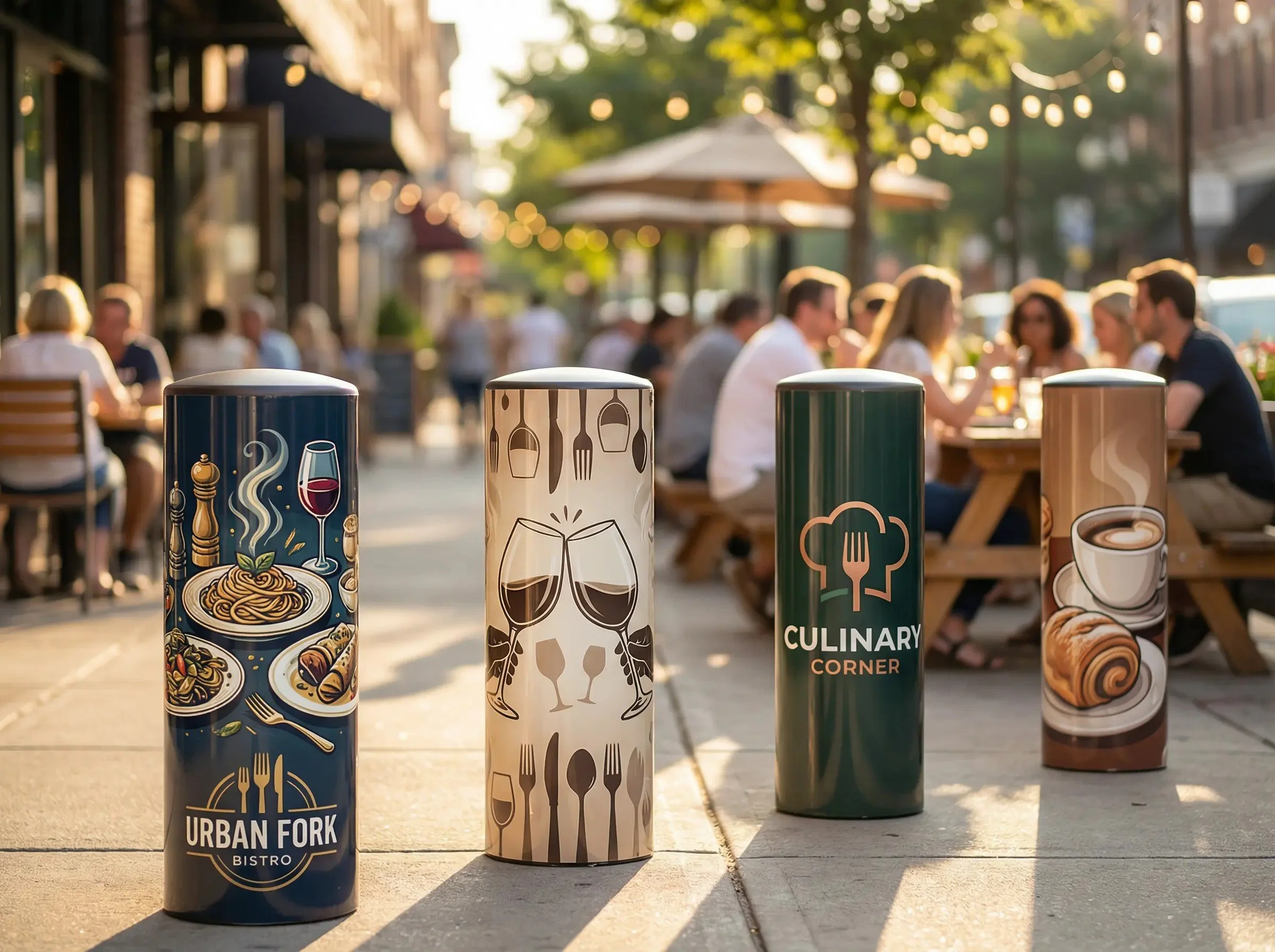 Four colorful trash cans with food and drink-themed designs line the sidewalk outside a busy outdoor restaurant with people dining at wooden tables in the background during sunset.
