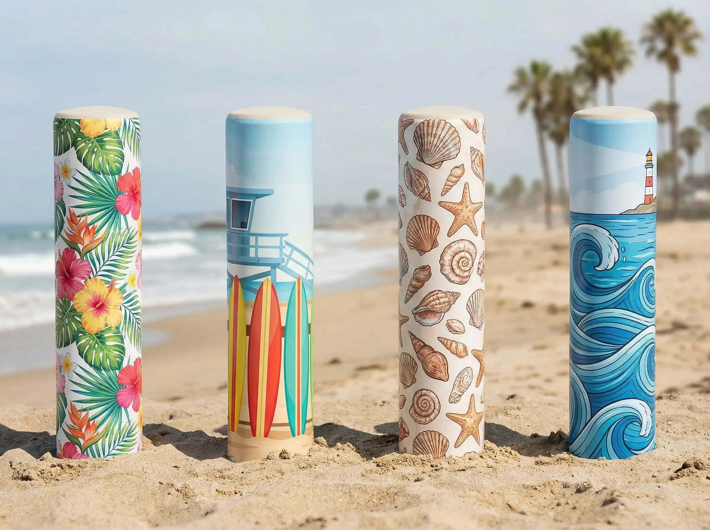 Four colorful surfboard-shaped objects with beach-related illustrations, standing upright on sandy beach with palm trees and ocean in background.