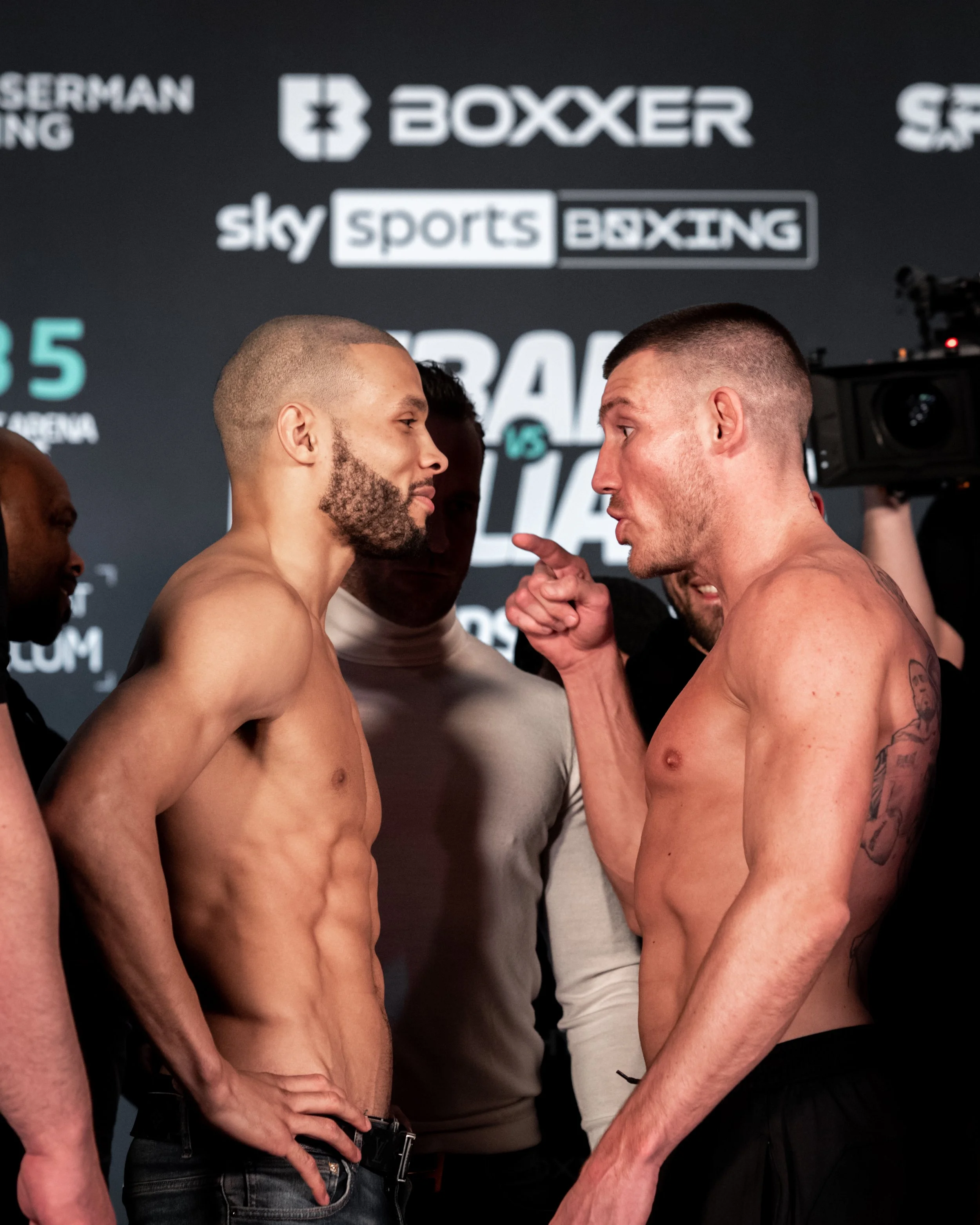 Liam Williams tells Chris Eubank Jnr what he thinks of him on the scales in Cardiff City Hall