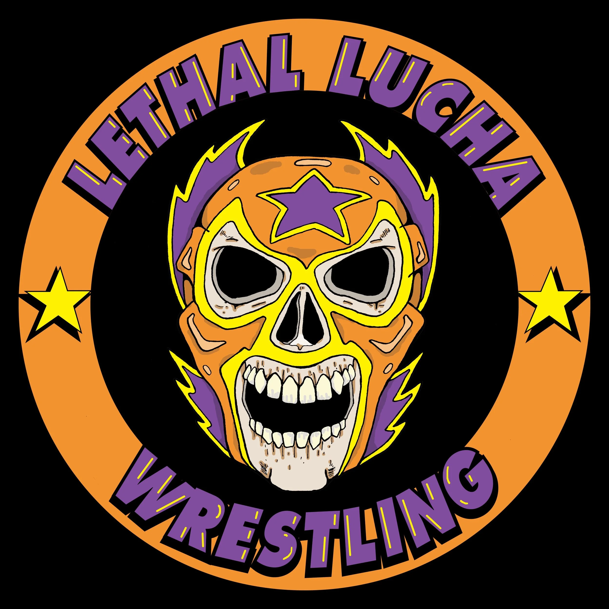 Logo for LeftThal Lucha Wrestling featuring a cartoon skull with a star on its forehead, purple and yellow accents, and the text 'LeftThal Lucha Wrestling' in purple letters on an orange and black circular background with yellow stars.