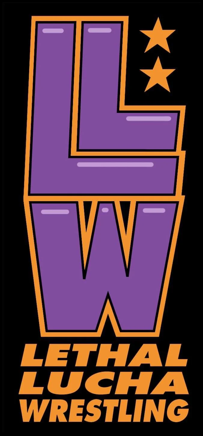 Purple stylized text reading "LWL" with orange outline and two orange stars above, and the words "Lethal Lucha Wrestling" in orange bold font at the bottom.