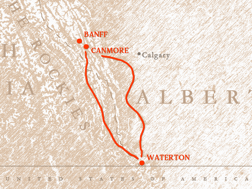 Old parchment map of a route between Canmore and Waterton.