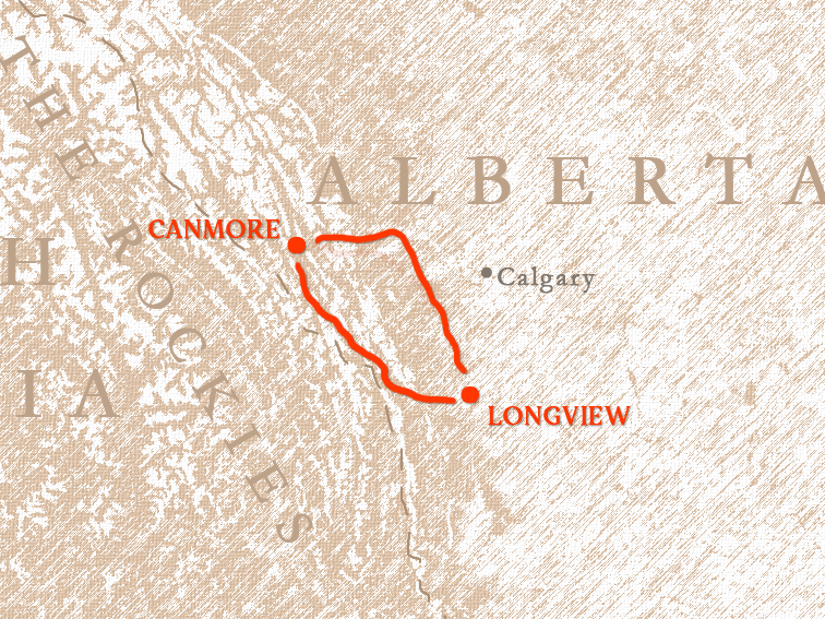 Brown parchment style map graphic showing a route from Canmore to Longview and back again.
