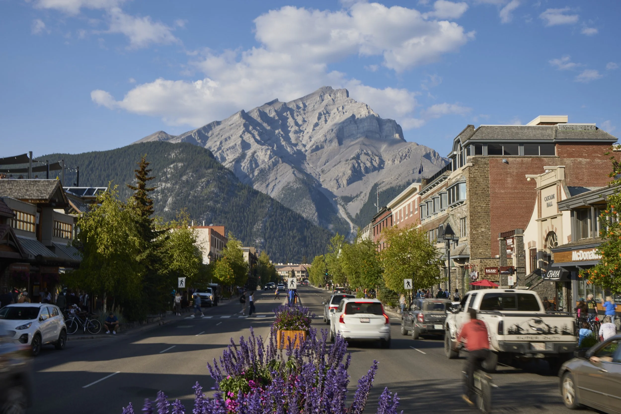 View looking down Banff Avenue toward the massive peaks of Cascade Mountain under a blue sky, featuring historic stone buildings, summer flowers, and street traffic in Banff National Park.