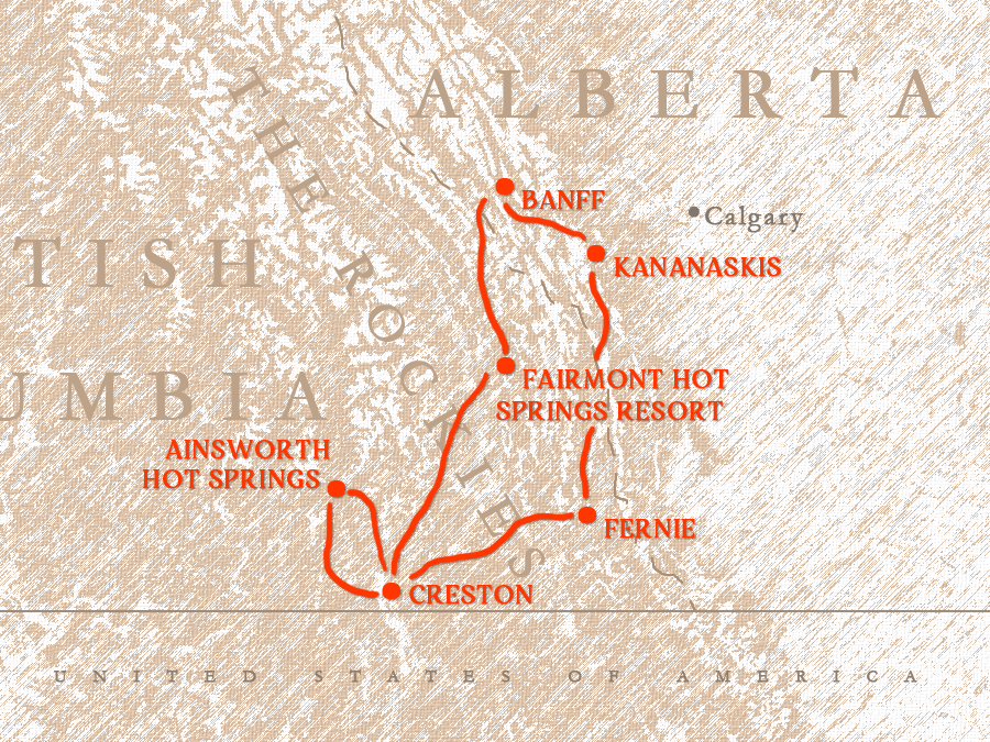 Old style parchment map showing a route through the Canadian rockies in red line and dots for the various locations.