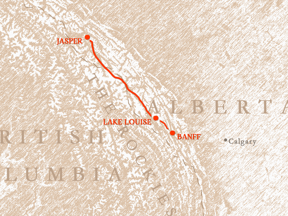 A map from Banff to Lake Louise and Jasper in old brown parchment style.