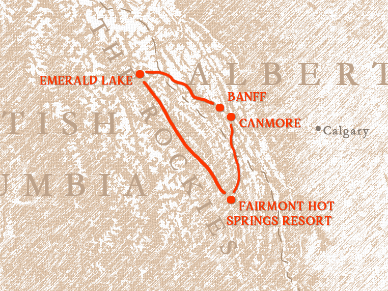A tour map in the style of brown aged parchment showing several stops in British Columbia and Alberta joining them with a red line.