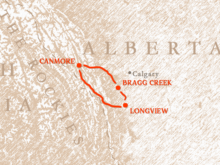 Old parchment style map showing a route between Canmore, Longview and Bragg Creek.