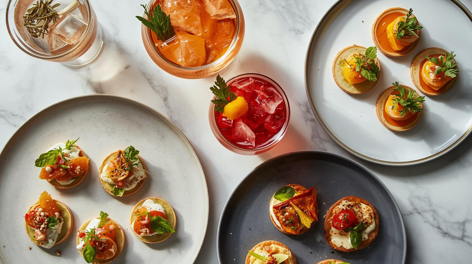 Assorted small appetizers and cocktails on a marble table