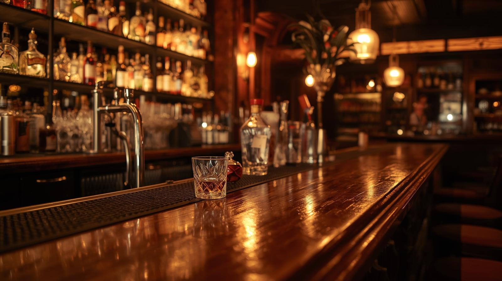 Empty bar counter with a glass of whiskey in the foreground, various bottles of alcohol and bar tools behind, warm ambient lighting.