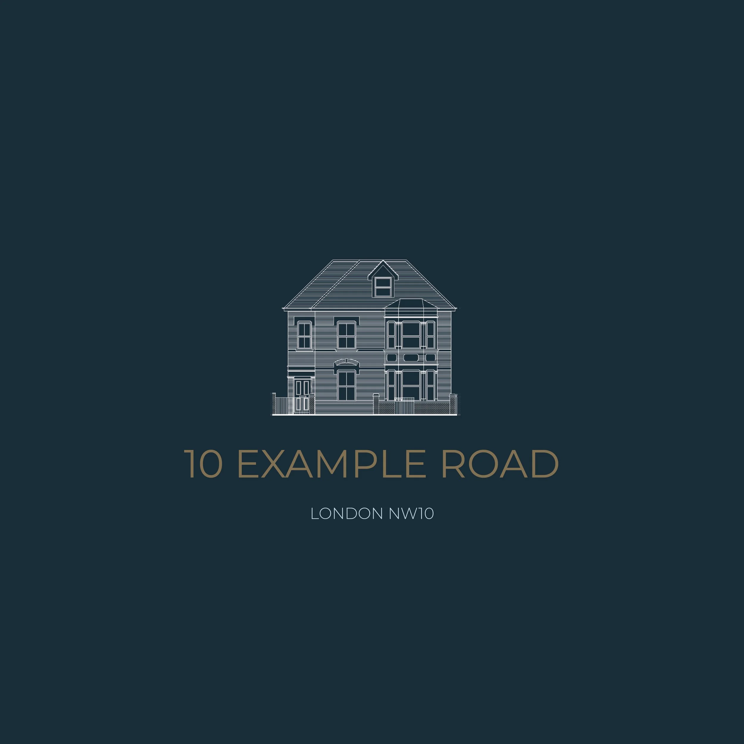 Design of a book cover with a line drawing of a house and the title '10 Example Road' in gold text, and location 'London NW10' in smaller white text.