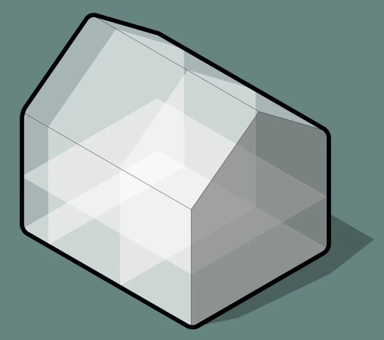 Isometric drawing of an empty transparent container with black outline, cast light gray shadow on teal background.