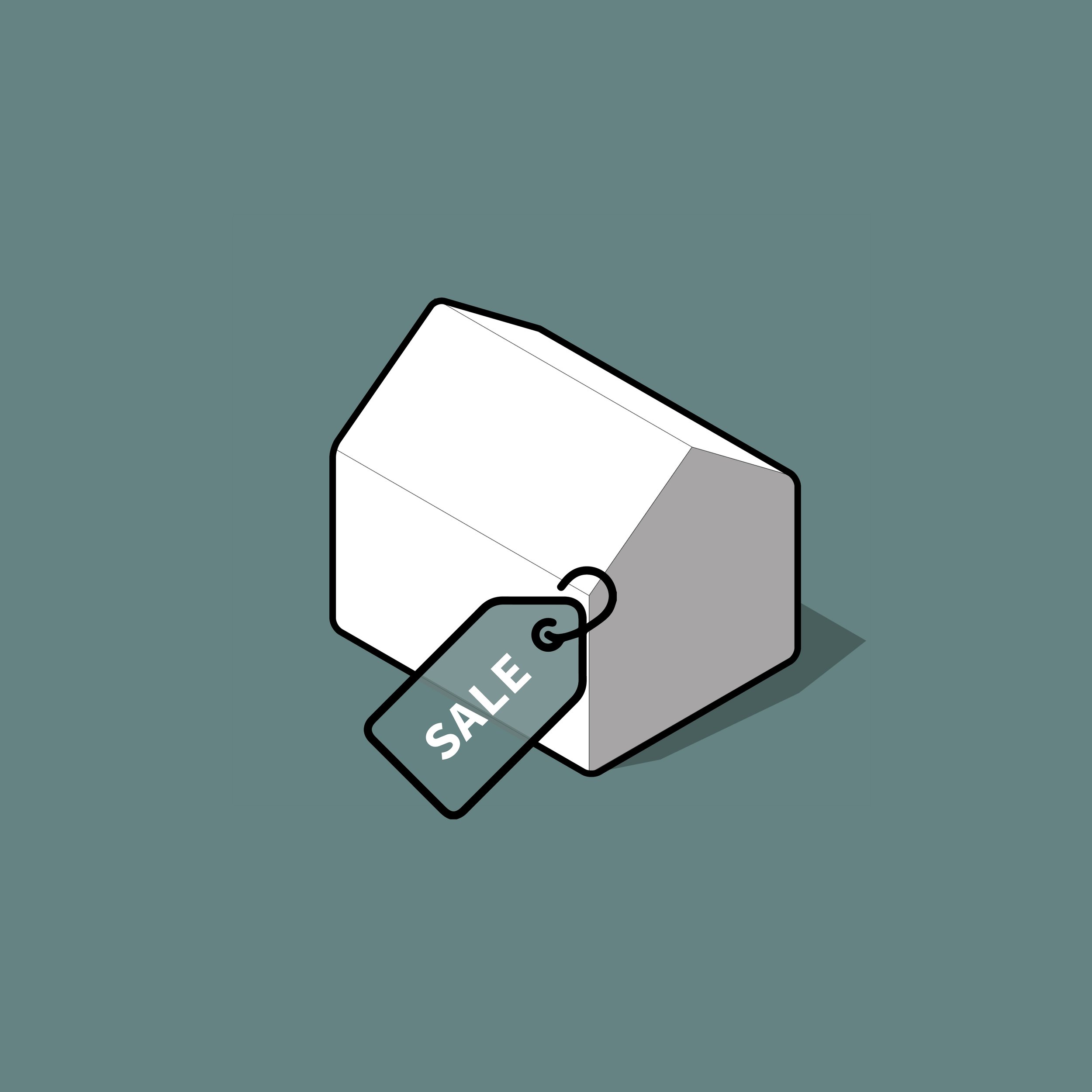 A white and gray dome-shaped house with a black outline, and a black tag attached to it reading 'SALE.'