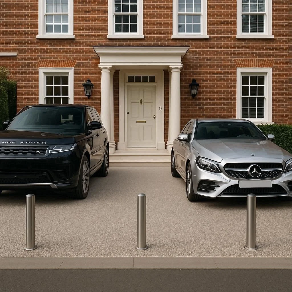 Photograph of a brick residential house with a white front door and four windows, two on each side. Two luxury cars, a black Range Rover and a silver Mercedes-Benz, are parked in the driveway in front of the house. There are three metal posts in the foreground.