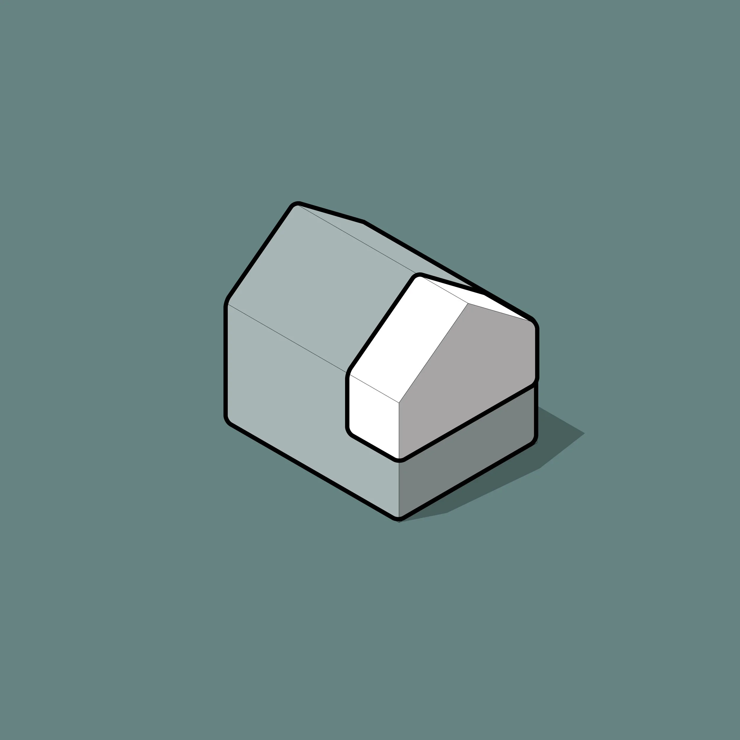 A simple 3D illustration of a gray and white house with a shadow on a teal background.